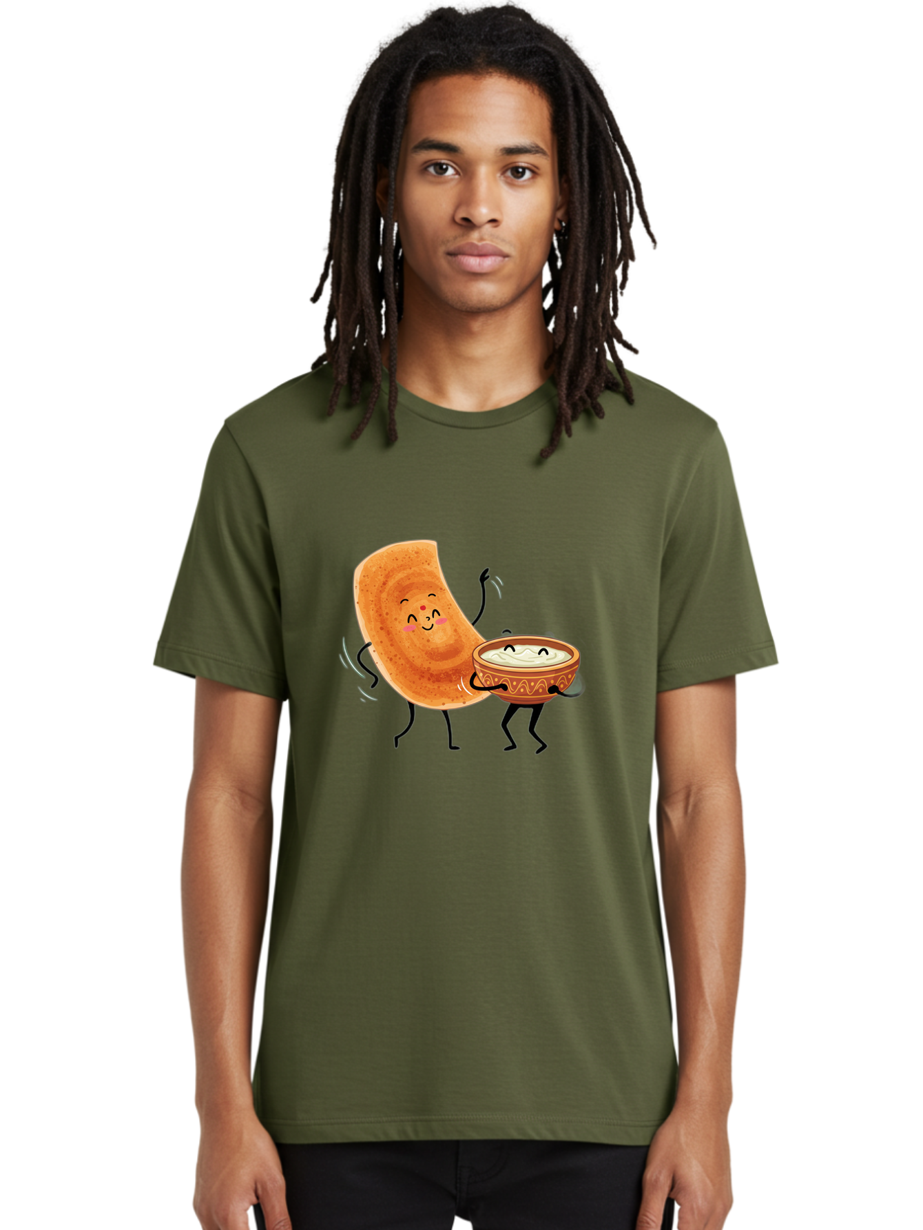 Dosa-And-Chutney Men'S Graphic Tee, 100% Cotton, Comfortable Casual Summer Wear, Machine Washable, Cartoon Papadum, Raita In Bowl, Smiling Faces, Happy Food, Indian Cuisine, Traditional Dish, Cartoon Characters, Funny Illustration, Baa534