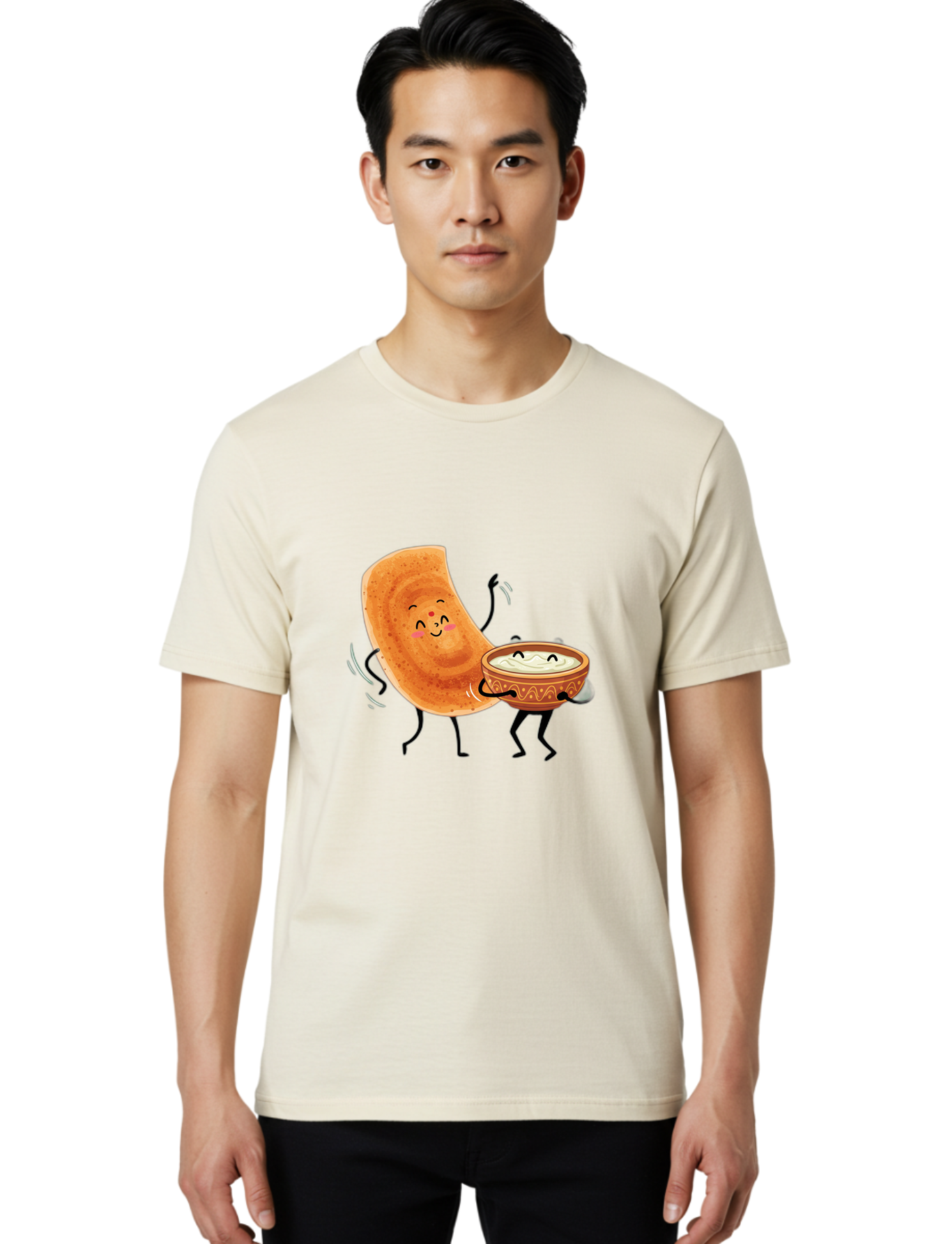 Dosa-And-Chutney Men'S Graphic Tee, 100% Cotton, Comfortable Casual Summer Wear, Machine Washable, Cartoon Papadum, Raita In Bowl, Smiling Faces, Happy Food, Indian Cuisine, Traditional Dish, Cartoon Characters, Funny Illustration, Baa534