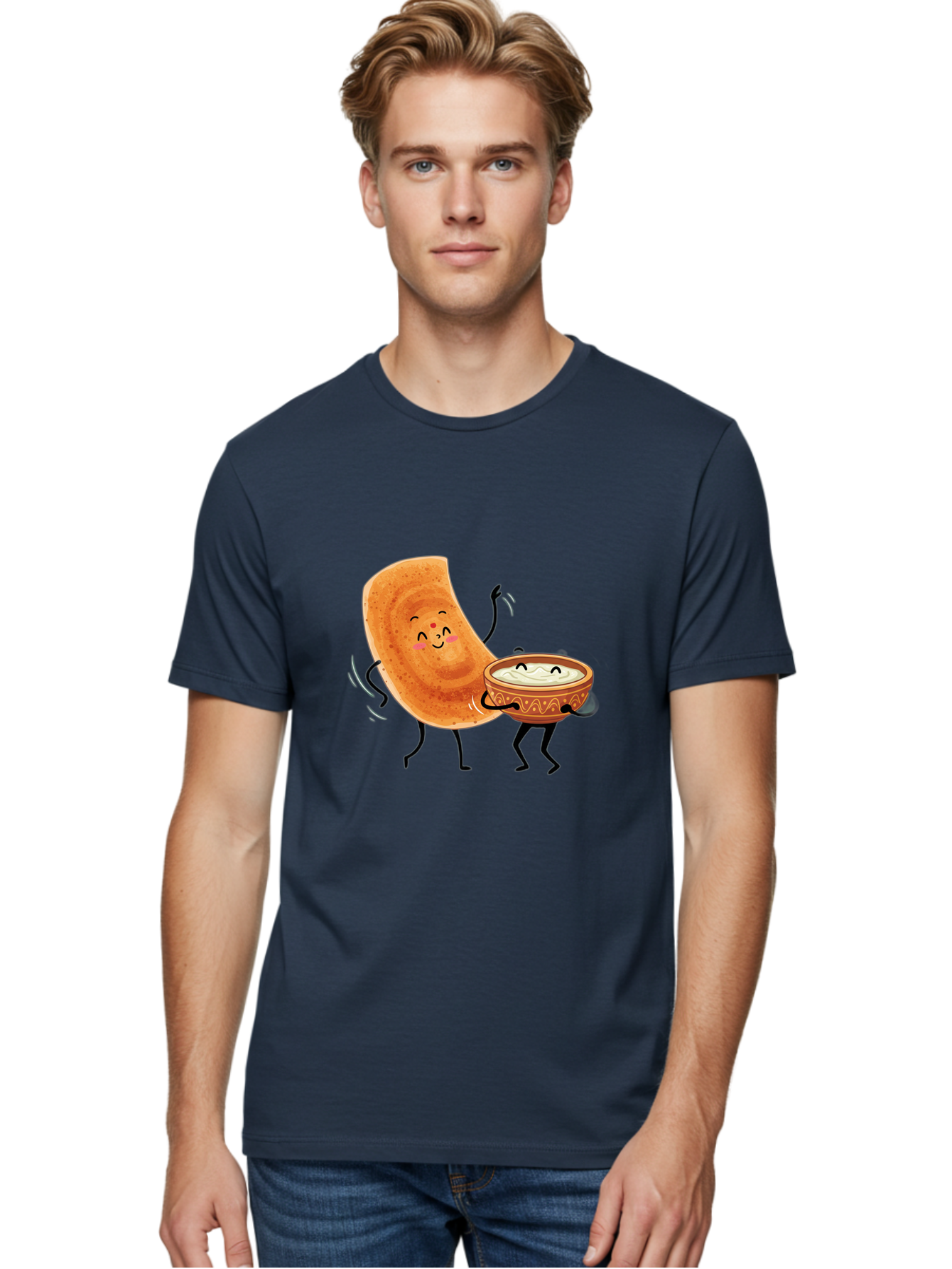 Dosa-And-Chutney Men'S Graphic Tee, 100% Cotton, Comfortable Casual Summer Wear, Machine Washable, Cartoon Papadum, Raita In Bowl, Smiling Faces, Happy Food, Indian Cuisine, Traditional Dish, Cartoon Characters, Funny Illustration, Baa534
