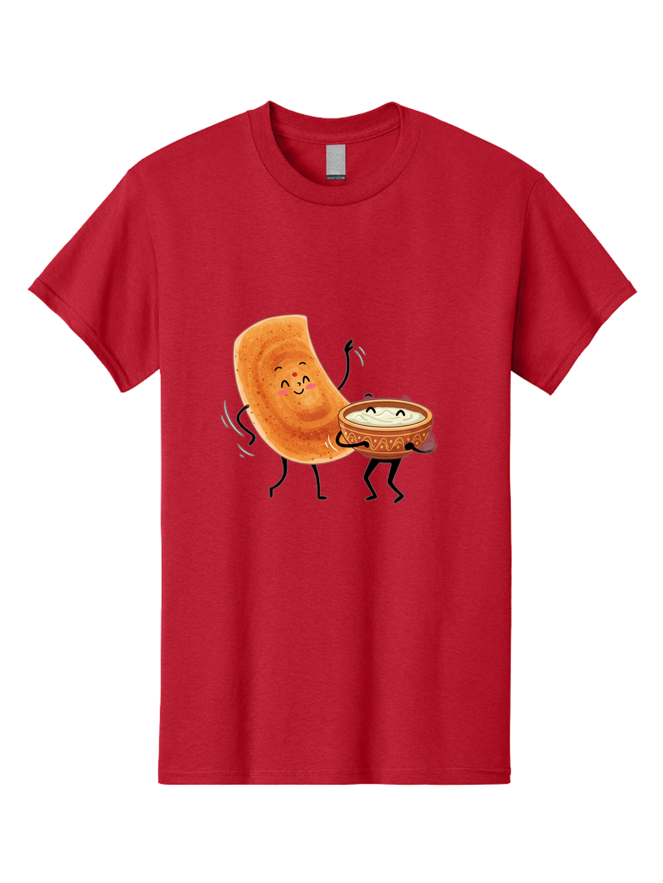 Dosa-And-Chutney Men'S Graphic Tee, 100% Cotton, Comfortable Casual Summer Wear, Machine Washable, Cartoon Papadum, Raita In Bowl, Smiling Faces, Happy Food, Indian Cuisine, Traditional Dish, Cartoon Characters, Funny Illustration, Baa534