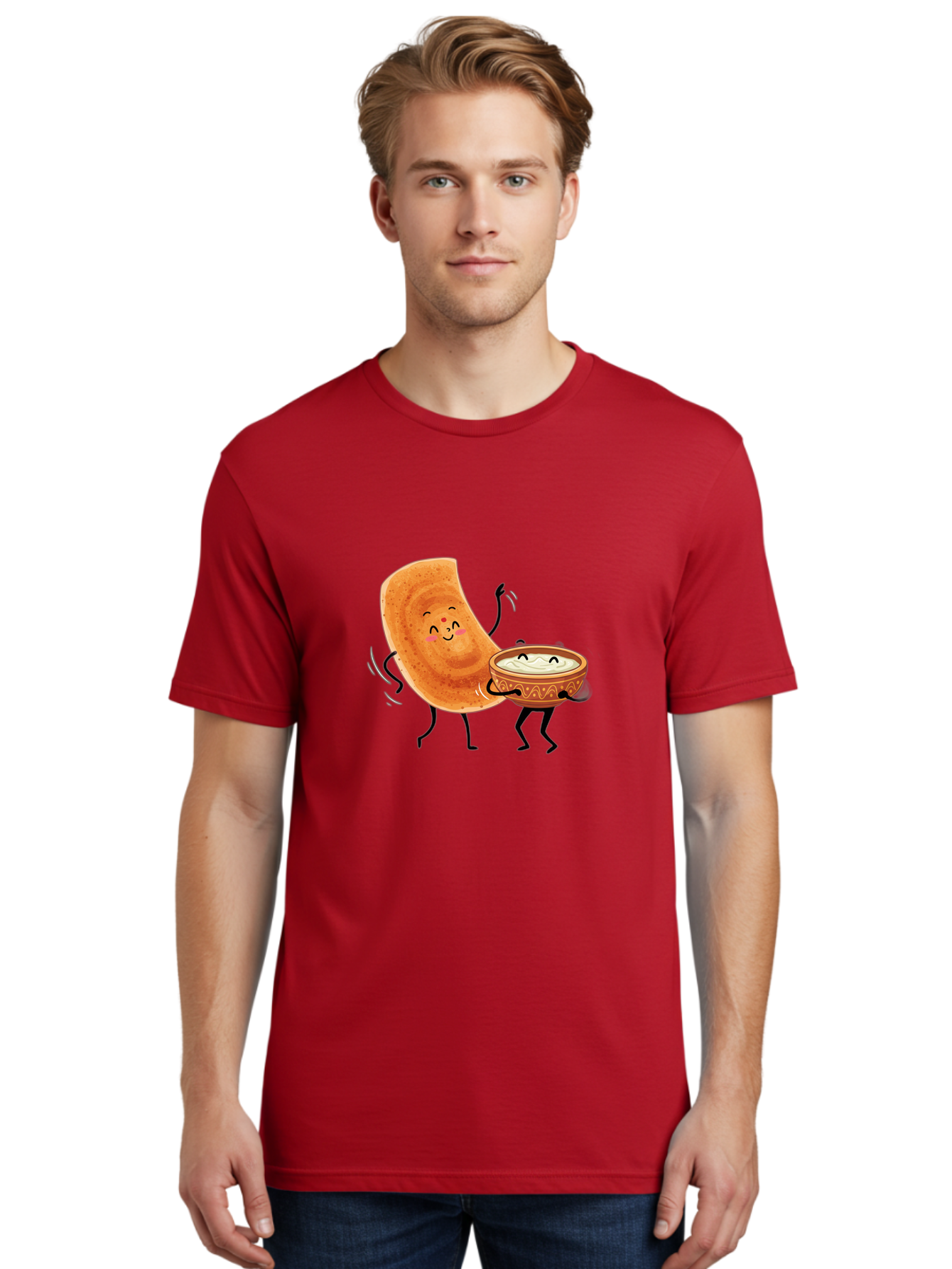 Dosa-And-Chutney Men'S Graphic Tee, 100% Cotton, Comfortable Casual Summer Wear, Machine Washable, Cartoon Papadum, Raita In Bowl, Smiling Faces, Happy Food, Indian Cuisine, Traditional Dish, Cartoon Characters, Funny Illustration, Baa534