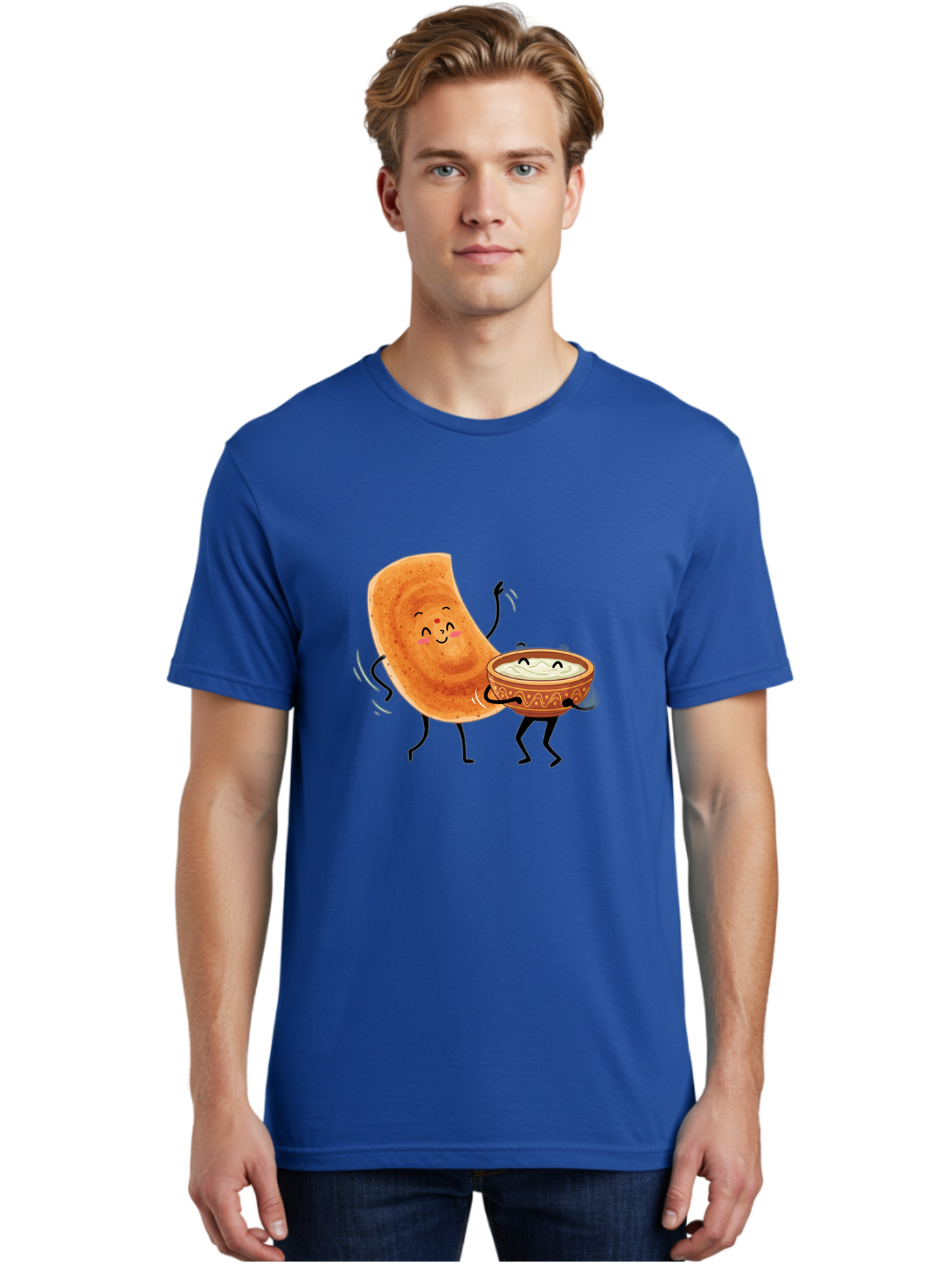 Dosa-And-Chutney Men'S Graphic Tee, 100% Cotton, Comfortable Casual Summer Wear, Machine Washable, Cartoon Papadum, Raita In Bowl, Smiling Faces, Happy Food, Indian Cuisine, Traditional Dish, Cartoon Characters, Funny Illustration, Baa534