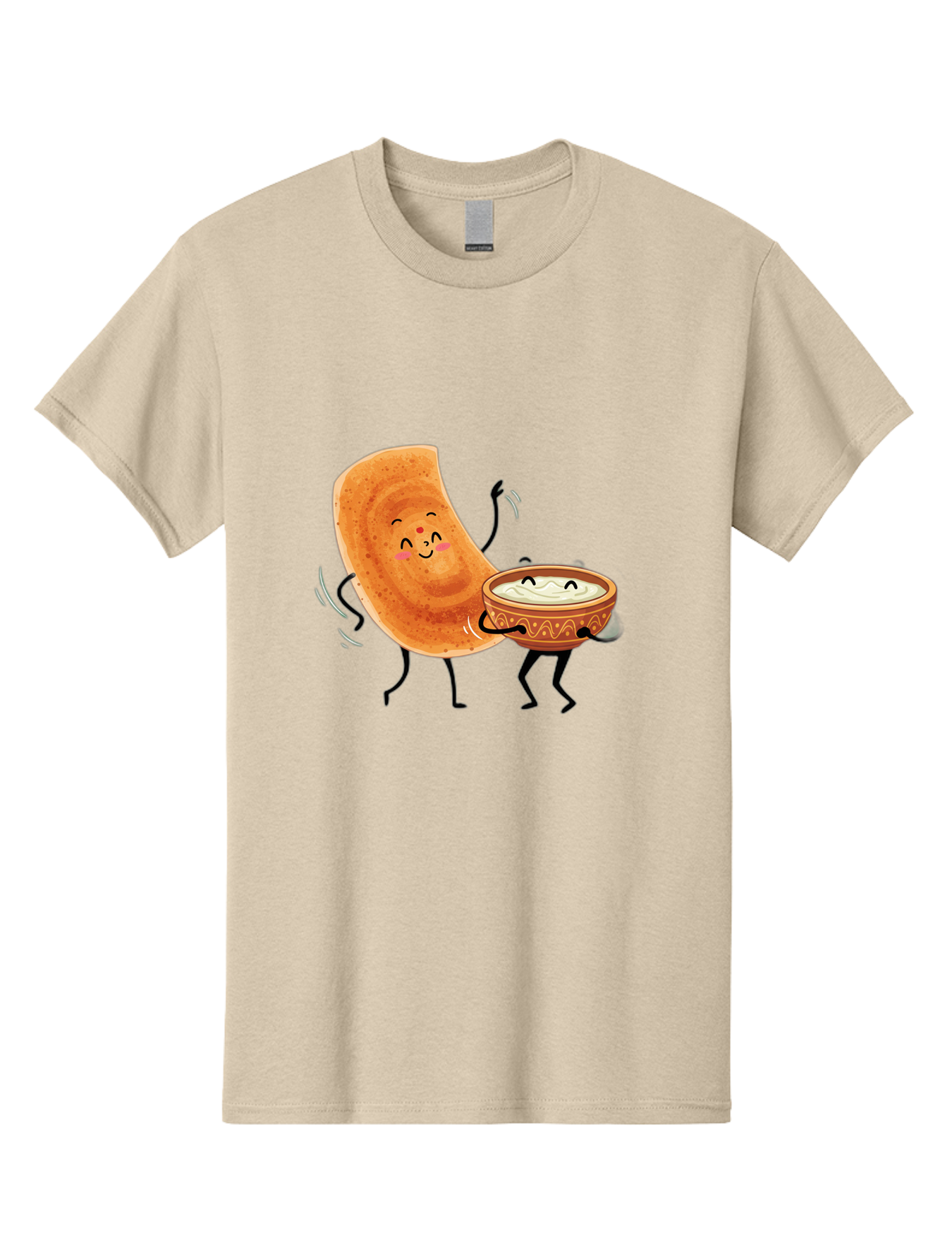 Dosa-And-Chutney Men'S Graphic Tee, 100% Cotton, Comfortable Casual Summer Wear, Machine Washable, Cartoon Papadum, Raita In Bowl, Smiling Faces, Happy Food, Indian Cuisine, Traditional Dish, Cartoon Characters, Funny Illustration, Baa534