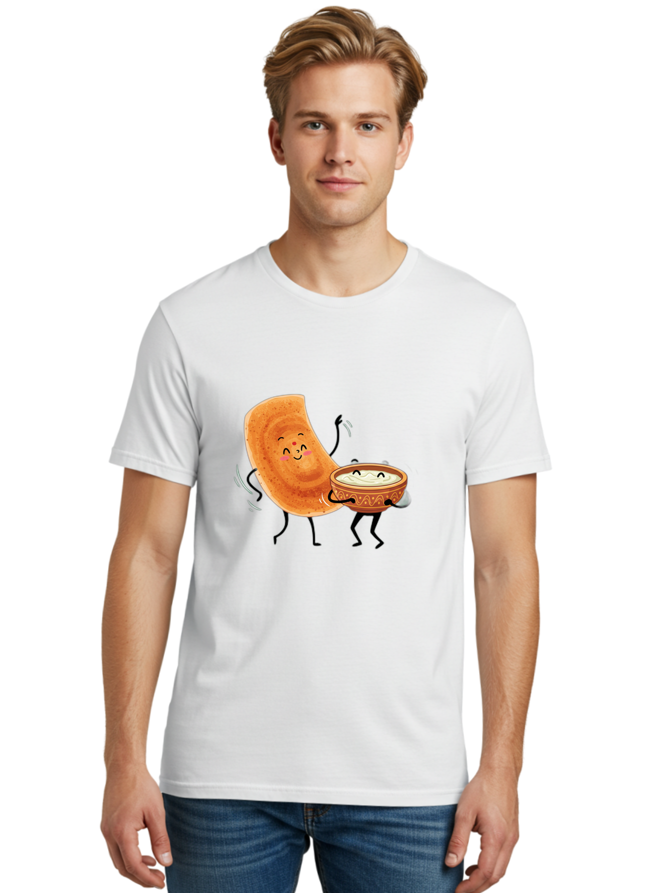 Dosa-And-Chutney Men'S Graphic Tee, 100% Cotton, Comfortable Casual Summer Wear, Machine Washable, Cartoon Papadum, Raita In Bowl, Smiling Faces, Happy Food, Indian Cuisine, Traditional Dish, Cartoon Characters, Funny Illustration, Baa534