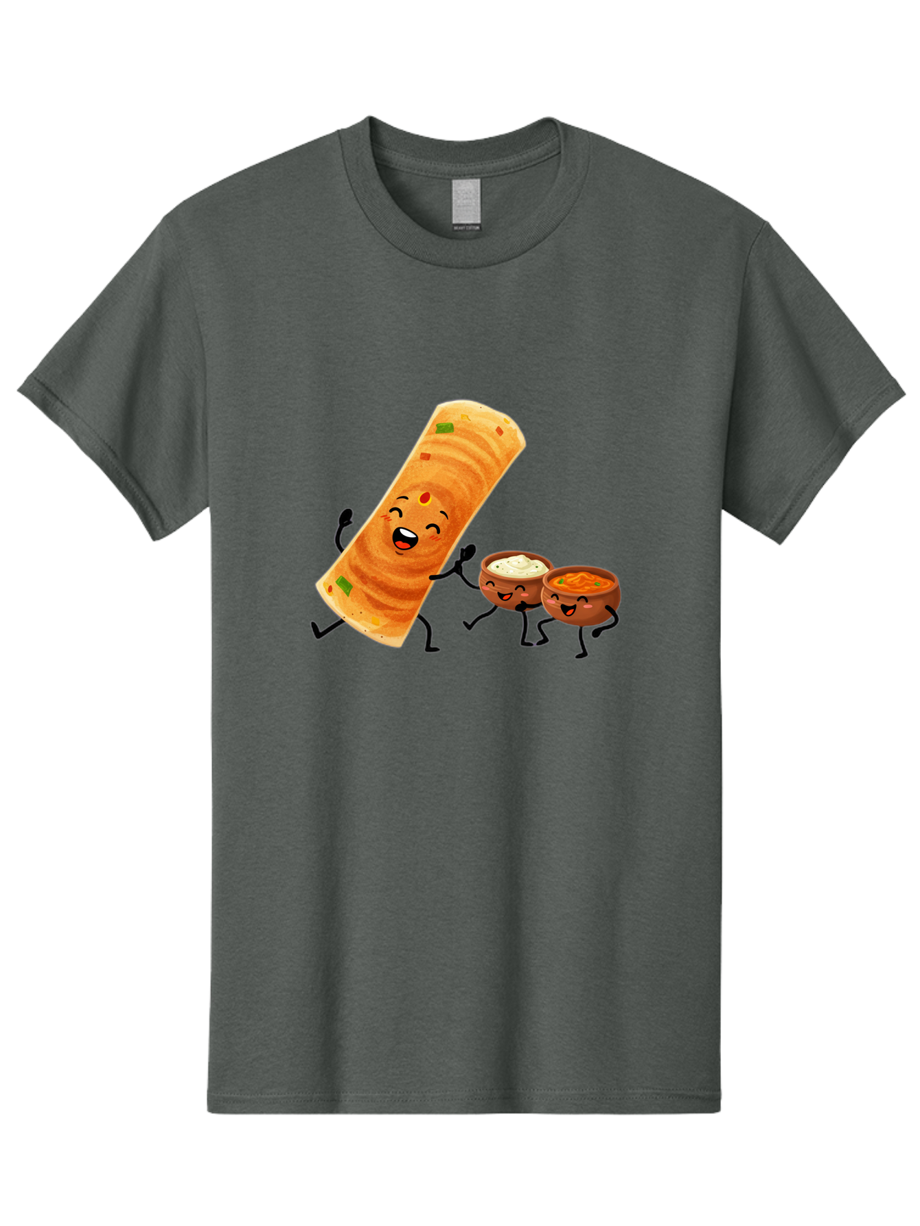 Dosa-And-Dipping-Sauces Men'S Graphic Tee, 100% Cotton, Comfortable Casual Summer Wear, Machine Washable, Indian Food, Wrap And Dips, Curry And Raita, Cartoon Characters, Playful Illustration, Vibrant Colors, Happy Faces, Foodie Fun Baa535