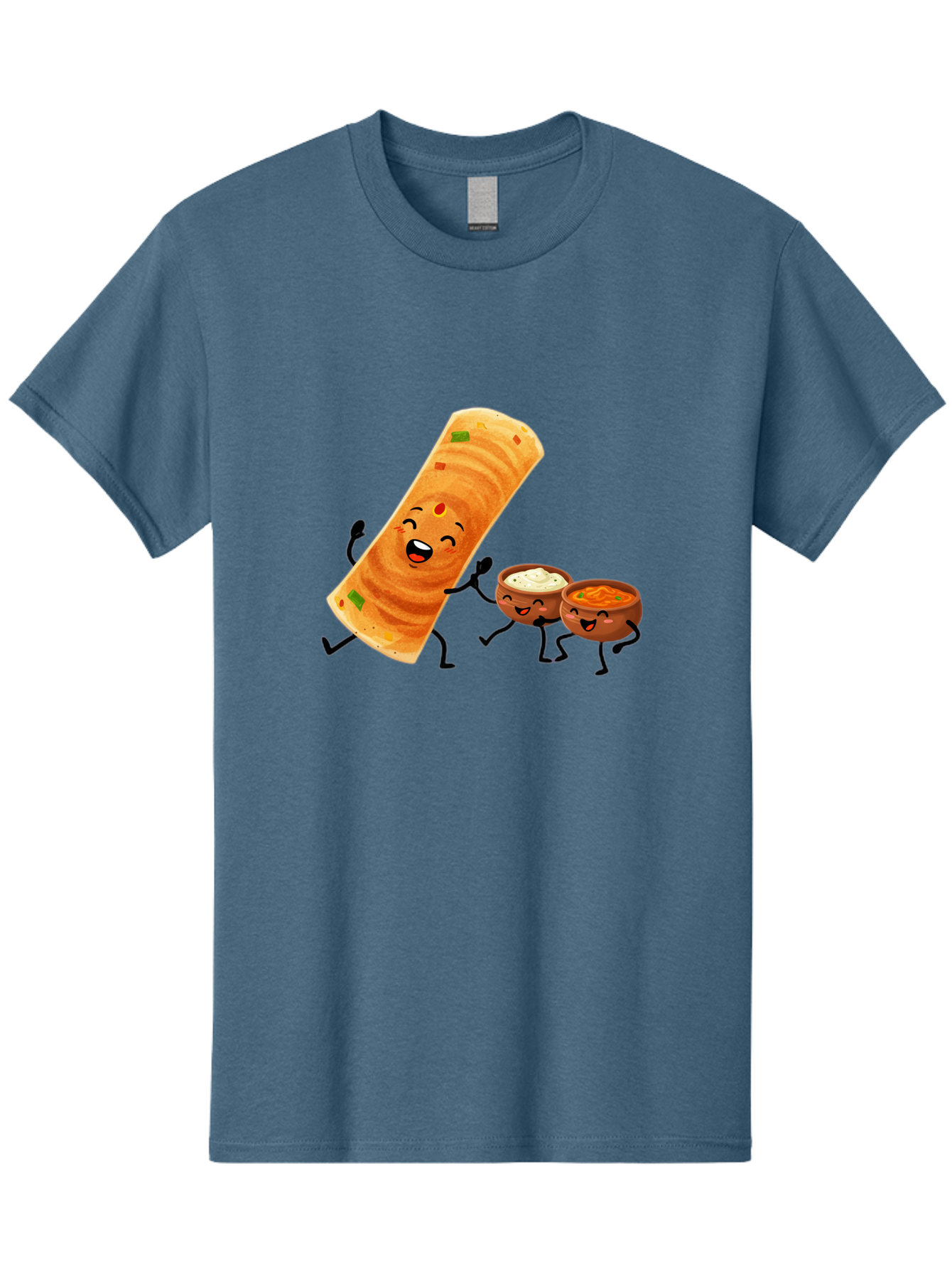 Dosa-And-Dipping-Sauces Men'S Graphic Tee, 100% Cotton, Comfortable Casual Summer Wear, Machine Washable, Indian Food, Wrap And Dips, Curry And Raita, Cartoon Characters, Playful Illustration, Vibrant Colors, Happy Faces, Foodie Fun Baa535