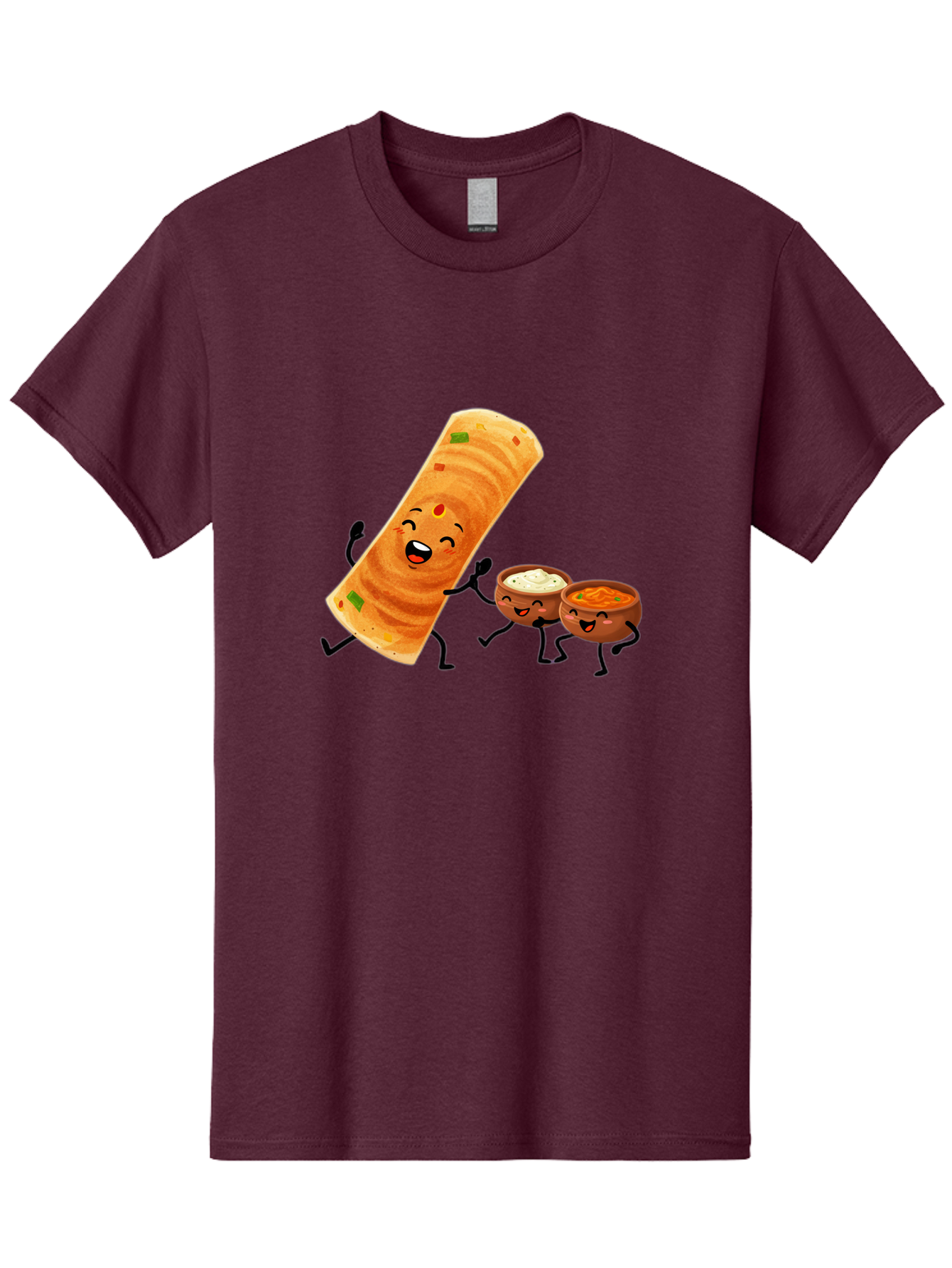 Dosa-And-Dipping-Sauces Men'S Graphic Tee, 100% Cotton, Comfortable Casual Summer Wear, Machine Washable, Indian Food, Wrap And Dips, Curry And Raita, Cartoon Characters, Playful Illustration, Vibrant Colors, Happy Faces, Foodie Fun Baa535