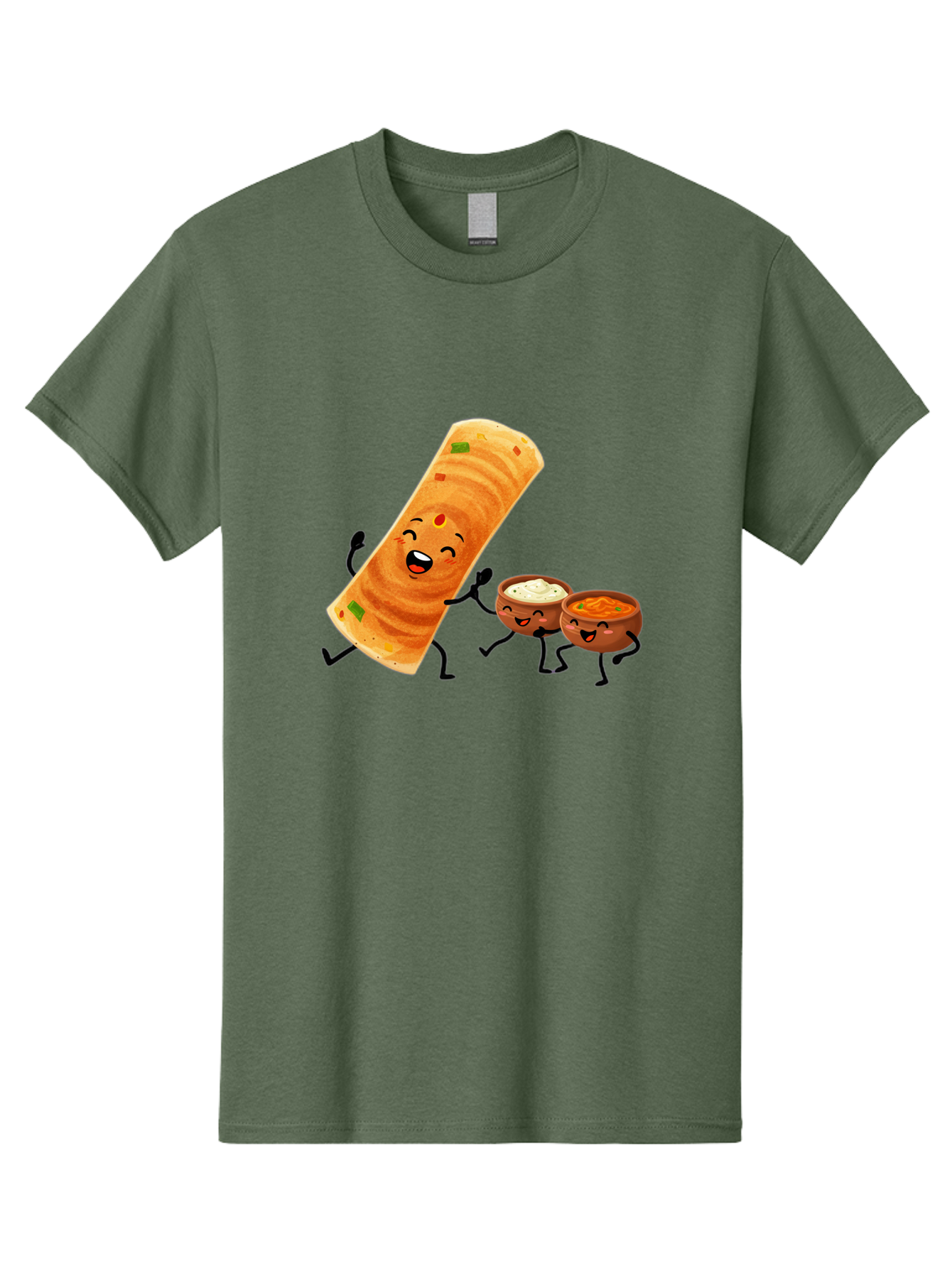 Dosa-And-Dipping-Sauces Men'S Graphic Tee, 100% Cotton, Comfortable Casual Summer Wear, Machine Washable, Indian Food, Wrap And Dips, Curry And Raita, Cartoon Characters, Playful Illustration, Vibrant Colors, Happy Faces, Foodie Fun Baa535