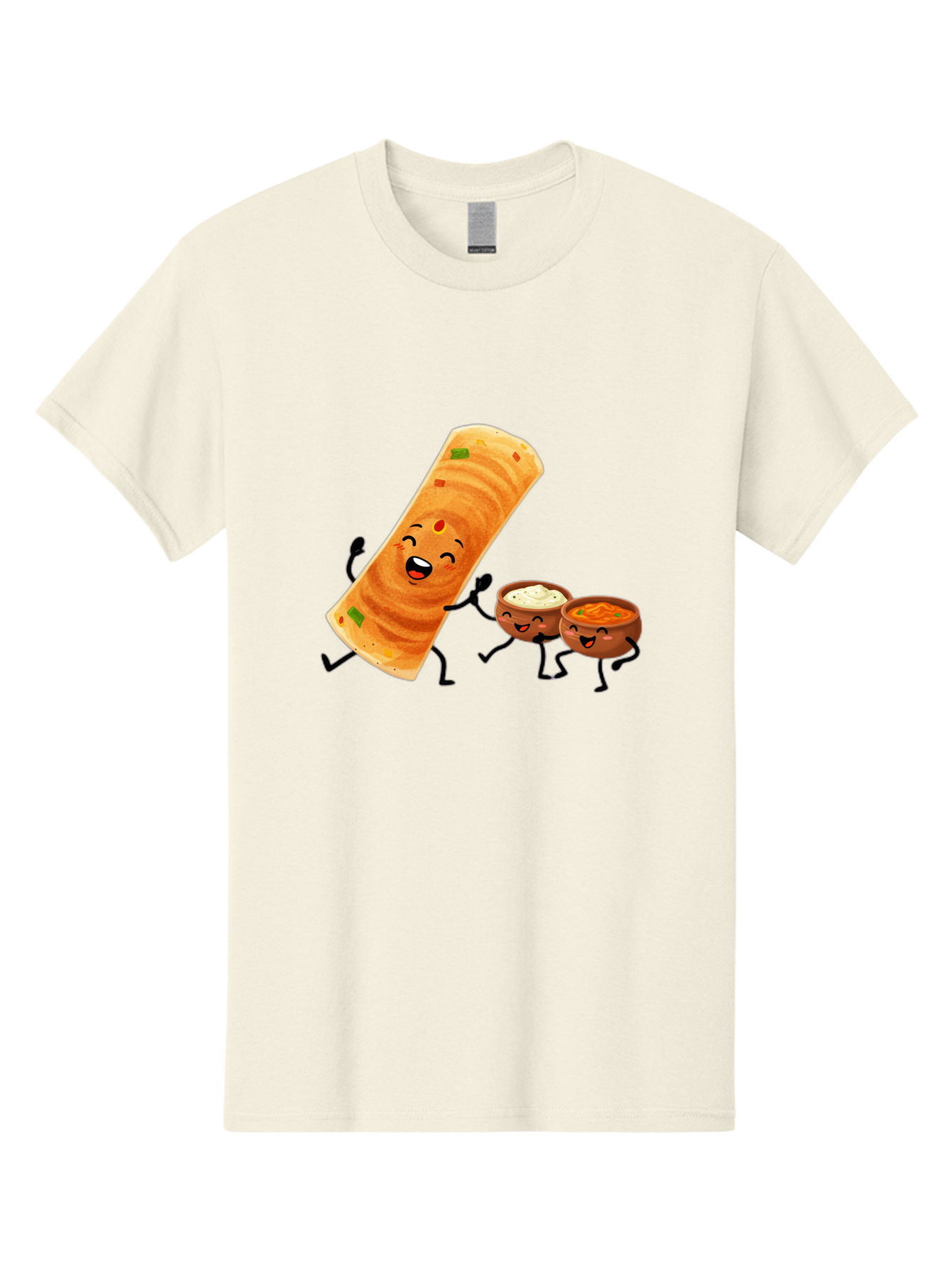 Dosa-And-Dipping-Sauces Men'S Graphic Tee, 100% Cotton, Comfortable Casual Summer Wear, Machine Washable, Indian Food, Wrap And Dips, Curry And Raita, Cartoon Characters, Playful Illustration, Vibrant Colors, Happy Faces, Foodie Fun Baa535