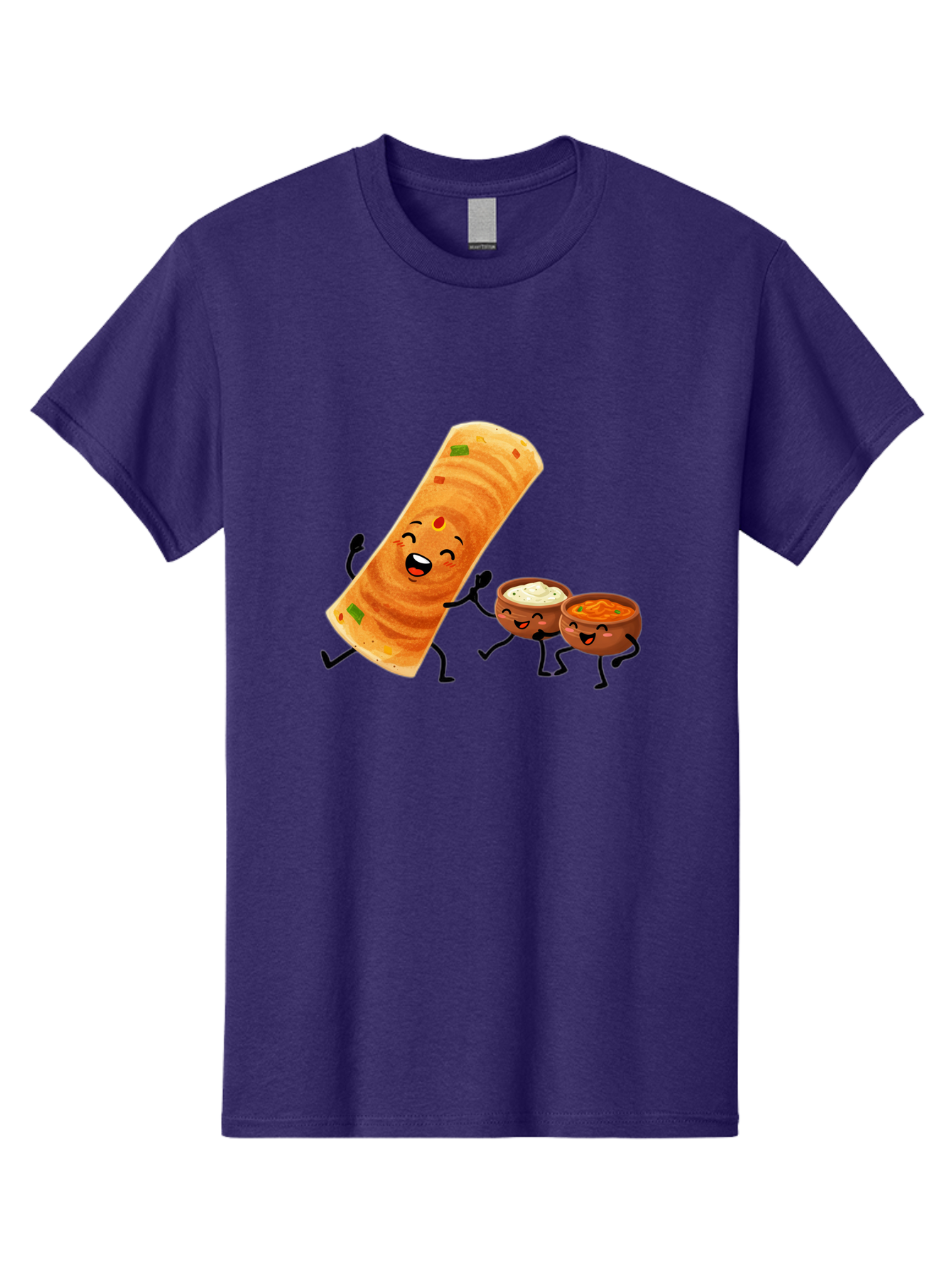 Dosa-And-Dipping-Sauces Men'S Graphic Tee, 100% Cotton, Comfortable Casual Summer Wear, Machine Washable, Indian Food, Wrap And Dips, Curry And Raita, Cartoon Characters, Playful Illustration, Vibrant Colors, Happy Faces, Foodie Fun Baa535