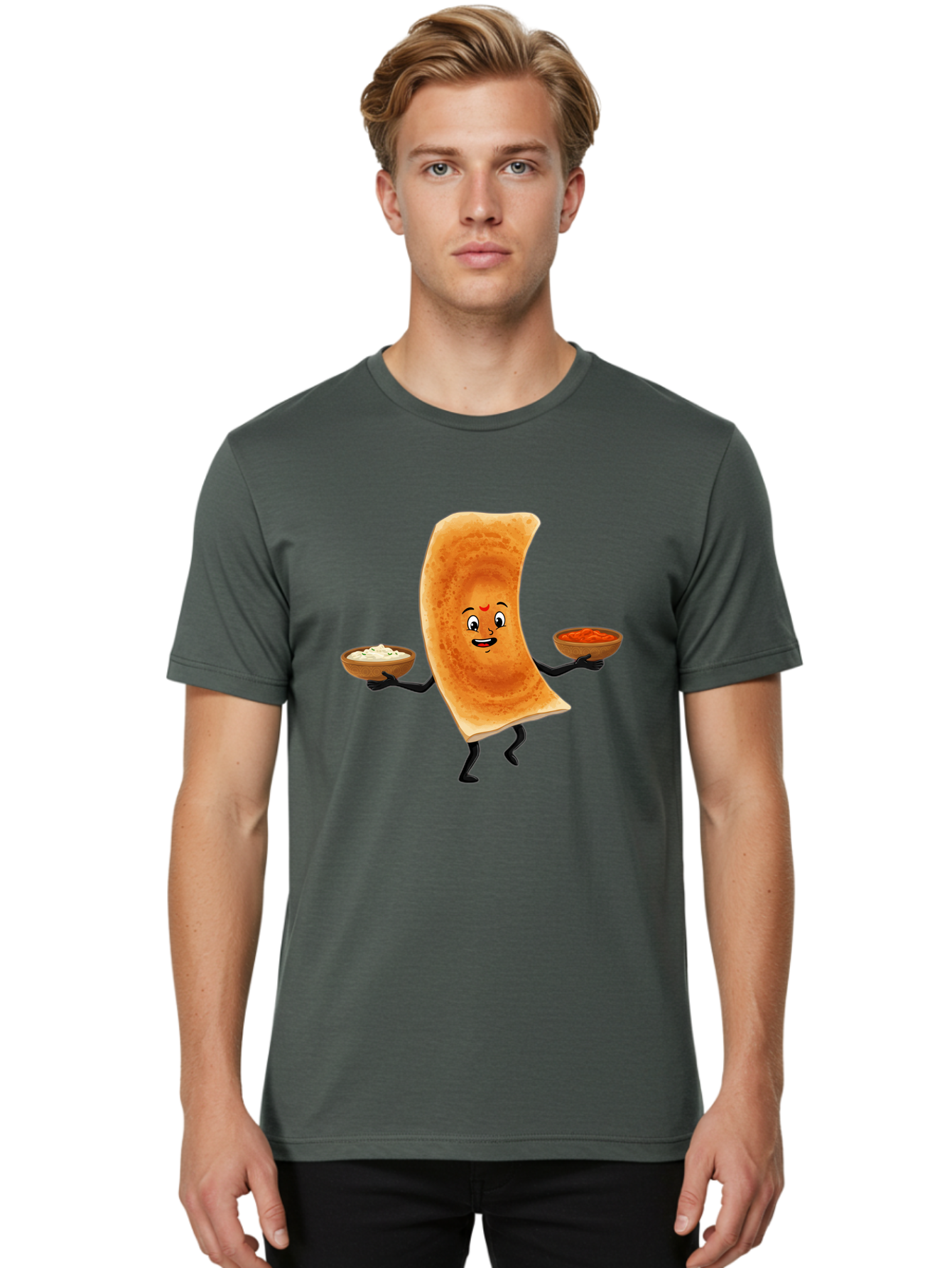 Dosa-Character Men'S Graphic Tee, 100% Cotton, Comfortable Casual Summer Wear, Machine Washable, Cartoon Chapati, Indian Flatbread, Smiling Face, Bowls Of Chutney And Raita, Black Arms And Legs, Happy Expression, Traditional Cuisine, Baa538
