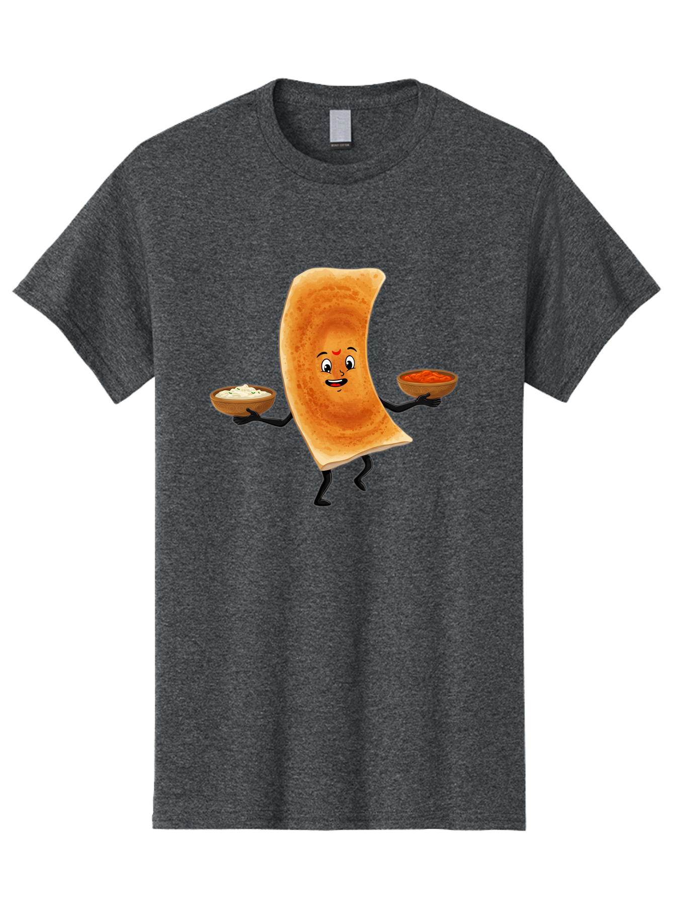Dosa-Character Men'S Graphic Tee, 100% Cotton, Comfortable Casual Summer Wear, Machine Washable, Cartoon Chapati, Indian Flatbread, Smiling Face, Bowls Of Chutney And Raita, Black Arms And Legs, Happy Expression, Traditional Cuisine, Baa538