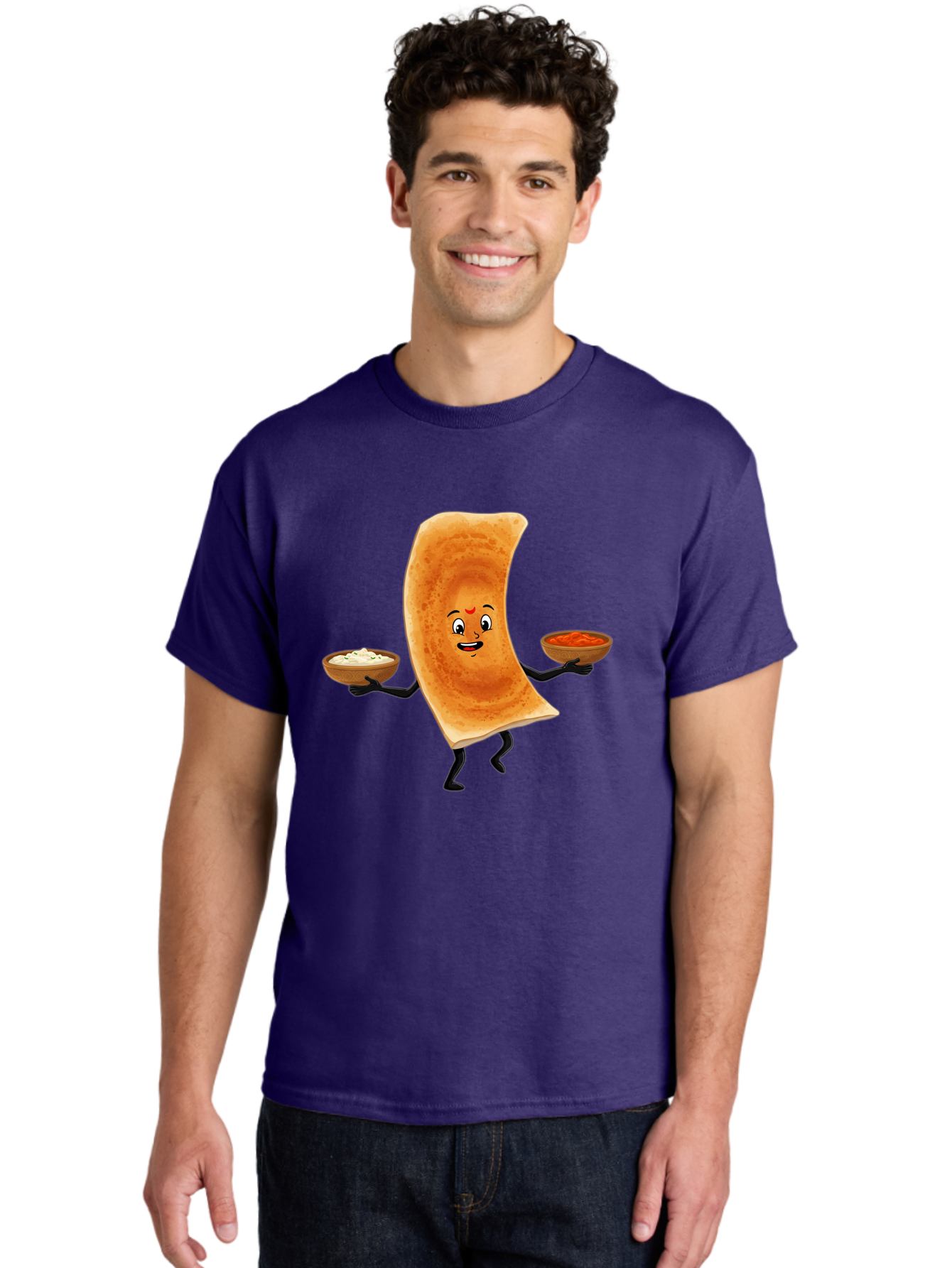 Dosa-Character Men'S Graphic Tee, 100% Cotton, Comfortable Casual Summer Wear, Machine Washable, Cartoon Chapati, Indian Flatbread, Smiling Face, Bowls Of Chutney And Raita, Black Arms And Legs, Happy Expression, Traditional Cuisine, Baa538