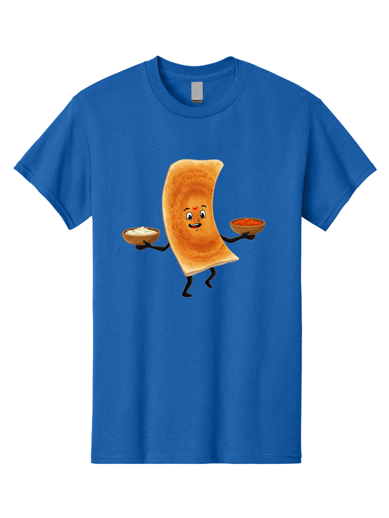 Dosa-Character Men'S Graphic Tee, 100% Cotton, Comfortable Casual Summer Wear, Machine Washable, Cartoon Chapati, Indian Flatbread, Smiling Face, Bowls Of Chutney And Raita, Black Arms And Legs, Happy Expression, Traditional Cuisine, Baa538