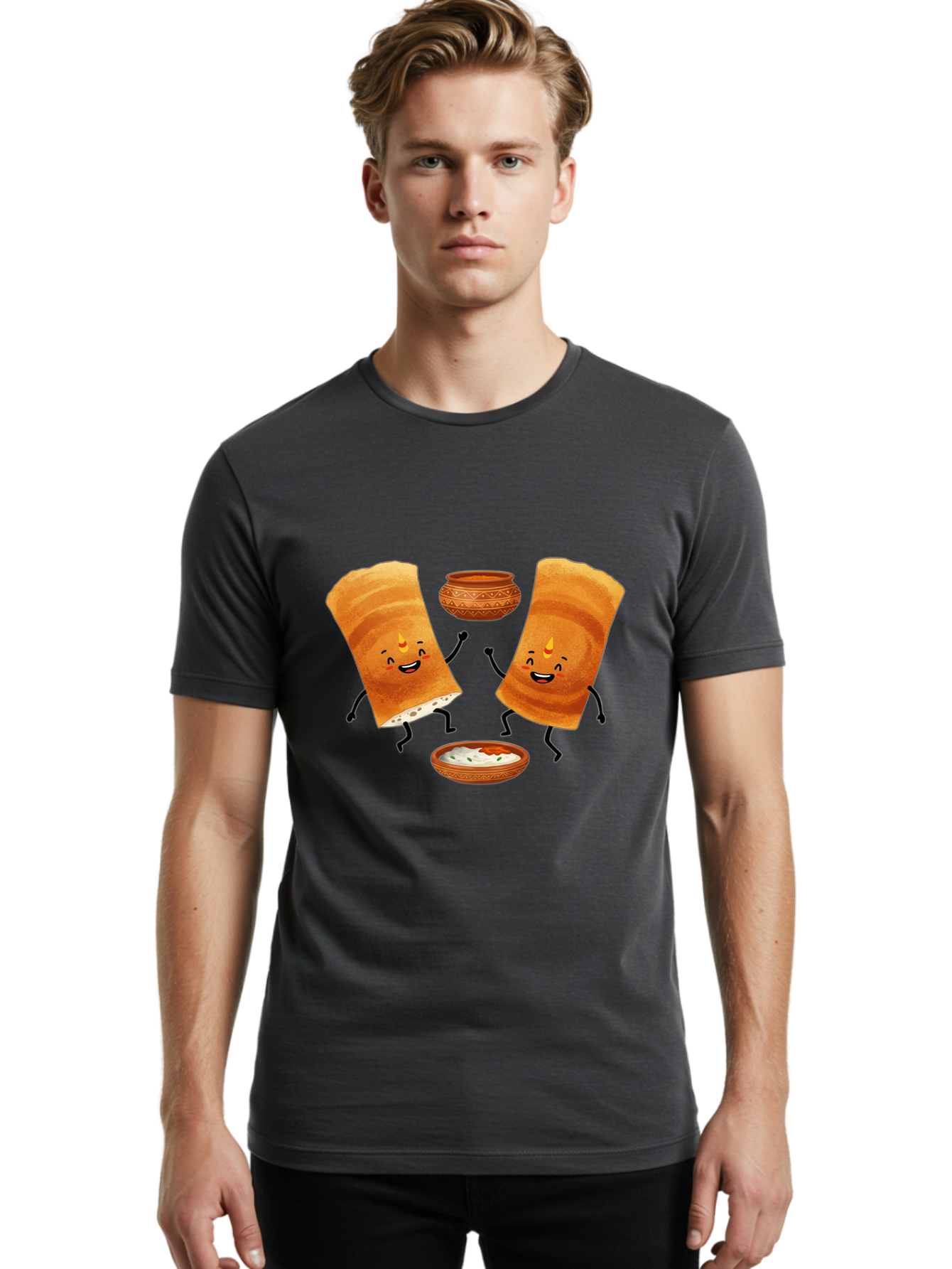 Dosa-Characters Men'S Graphic Tee, 100% Cotton, Comfortable Casual Summer Wear, Machine Washable, Cartoon Dosa Characters, Dancing Dosas, Sambar, Chutney, Indian Food, Dosa Dance, Funny Dosas, Animated Dosas, Indian Cuisine, Dosa Fun Baa539