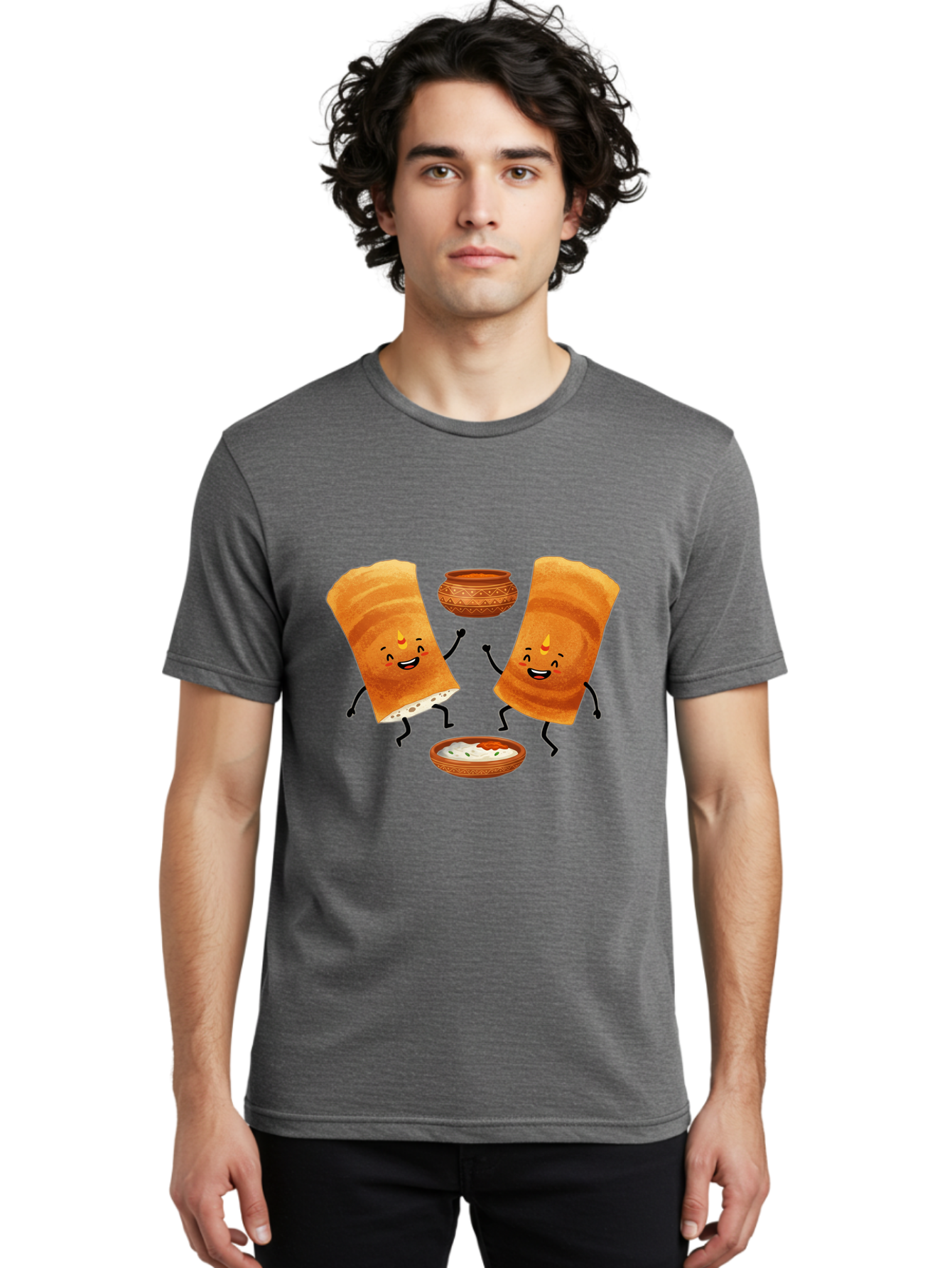 Dosa-Characters Men'S Graphic Tee, 100% Cotton, Comfortable Casual Summer Wear, Machine Washable, Cartoon Dosa Characters, Dancing Dosas, Sambar, Chutney, Indian Food, Dosa Dance, Funny Dosas, Animated Dosas, Indian Cuisine, Dosa Fun Baa539