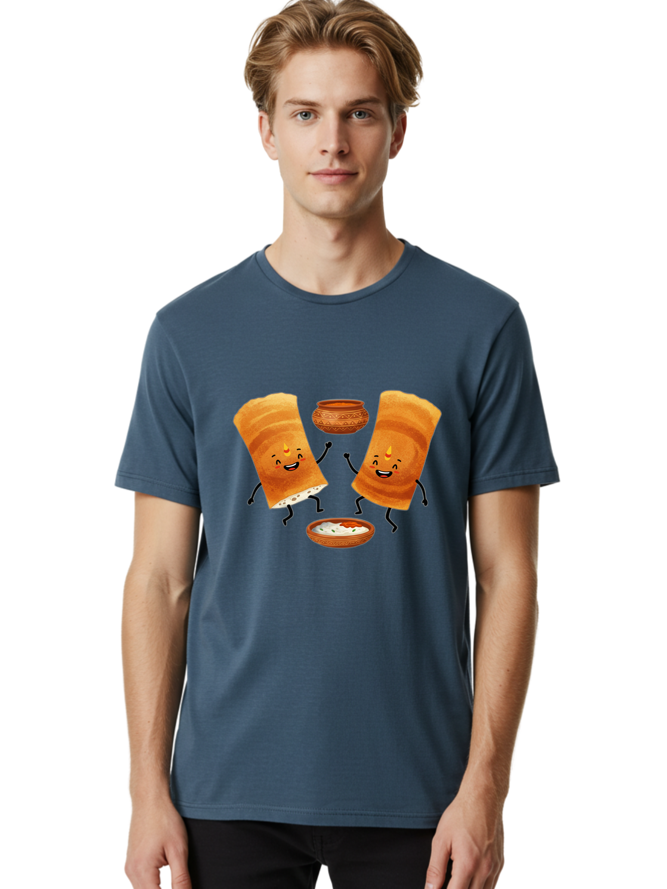 Dosa-Characters Men'S Graphic Tee, 100% Cotton, Comfortable Casual Summer Wear, Machine Washable, Cartoon Dosa Characters, Dancing Dosas, Sambar, Chutney, Indian Food, Dosa Dance, Funny Dosas, Animated Dosas, Indian Cuisine, Dosa Fun Baa539