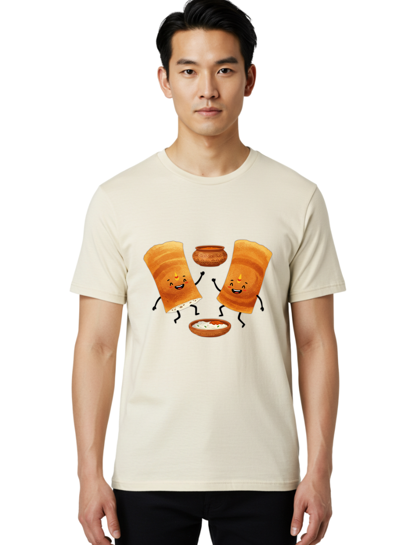 Dosa-Characters Men'S Graphic Tee, 100% Cotton, Comfortable Casual Summer Wear, Machine Washable, Cartoon Dosa Characters, Dancing Dosas, Sambar, Chutney, Indian Food, Dosa Dance, Funny Dosas, Animated Dosas, Indian Cuisine, Dosa Fun Baa539