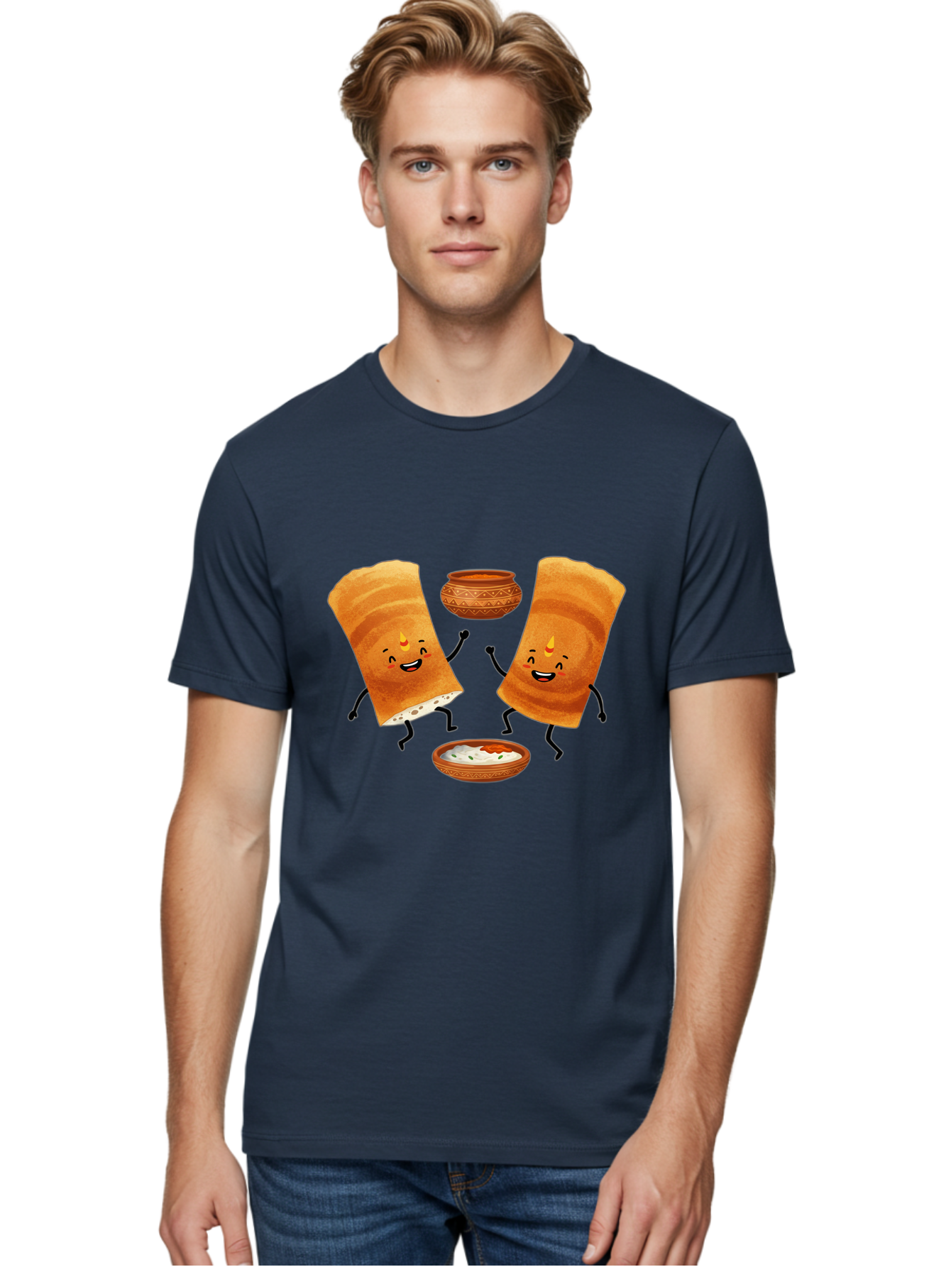 Dosa-Characters Men'S Graphic Tee, 100% Cotton, Comfortable Casual Summer Wear, Machine Washable, Cartoon Dosa Characters, Dancing Dosas, Sambar, Chutney, Indian Food, Dosa Dance, Funny Dosas, Animated Dosas, Indian Cuisine, Dosa Fun Baa539
