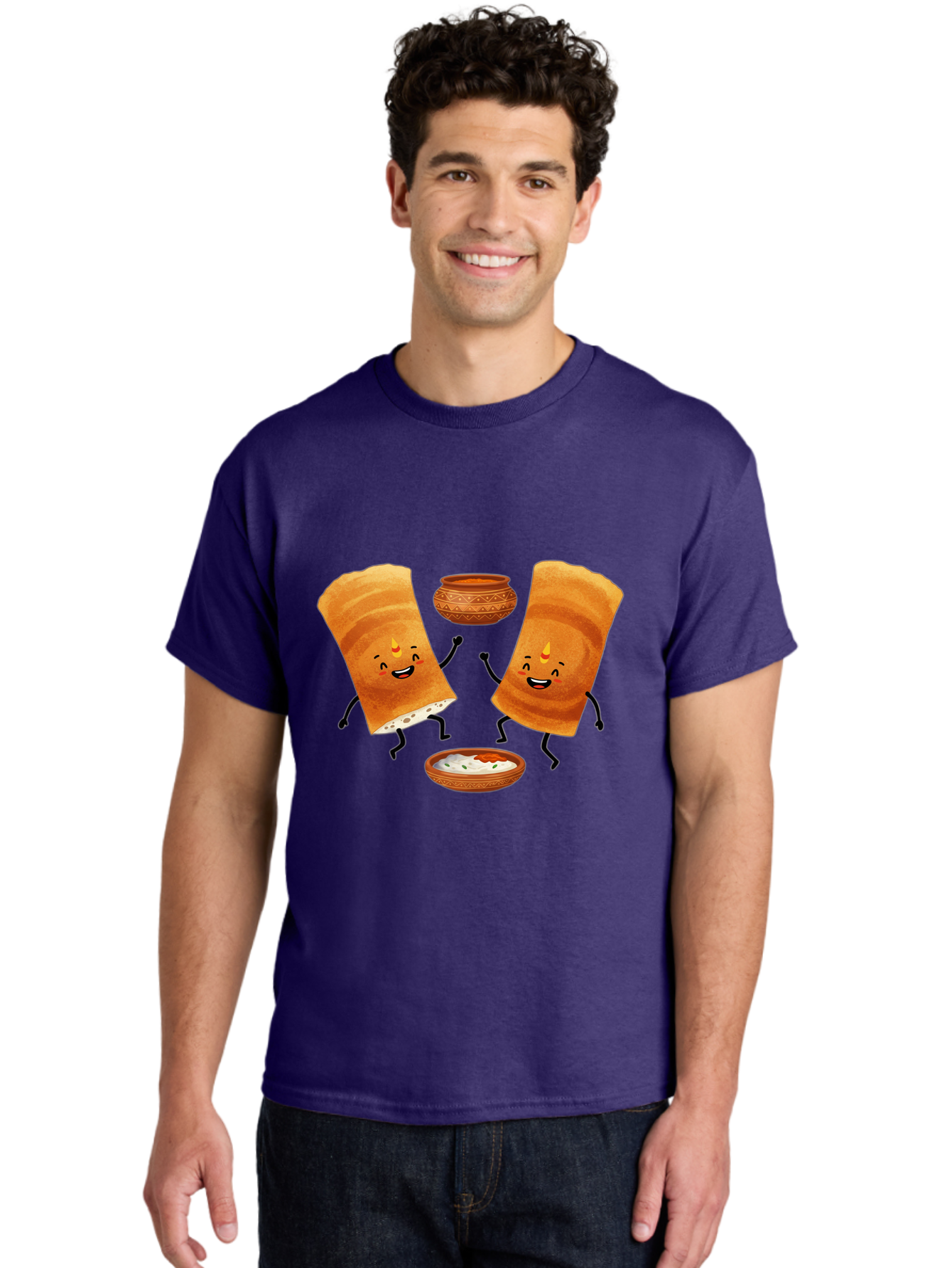 Dosa-Characters Men'S Graphic Tee, 100% Cotton, Comfortable Casual Summer Wear, Machine Washable, Cartoon Dosa Characters, Dancing Dosas, Sambar, Chutney, Indian Food, Dosa Dance, Funny Dosas, Animated Dosas, Indian Cuisine, Dosa Fun Baa539