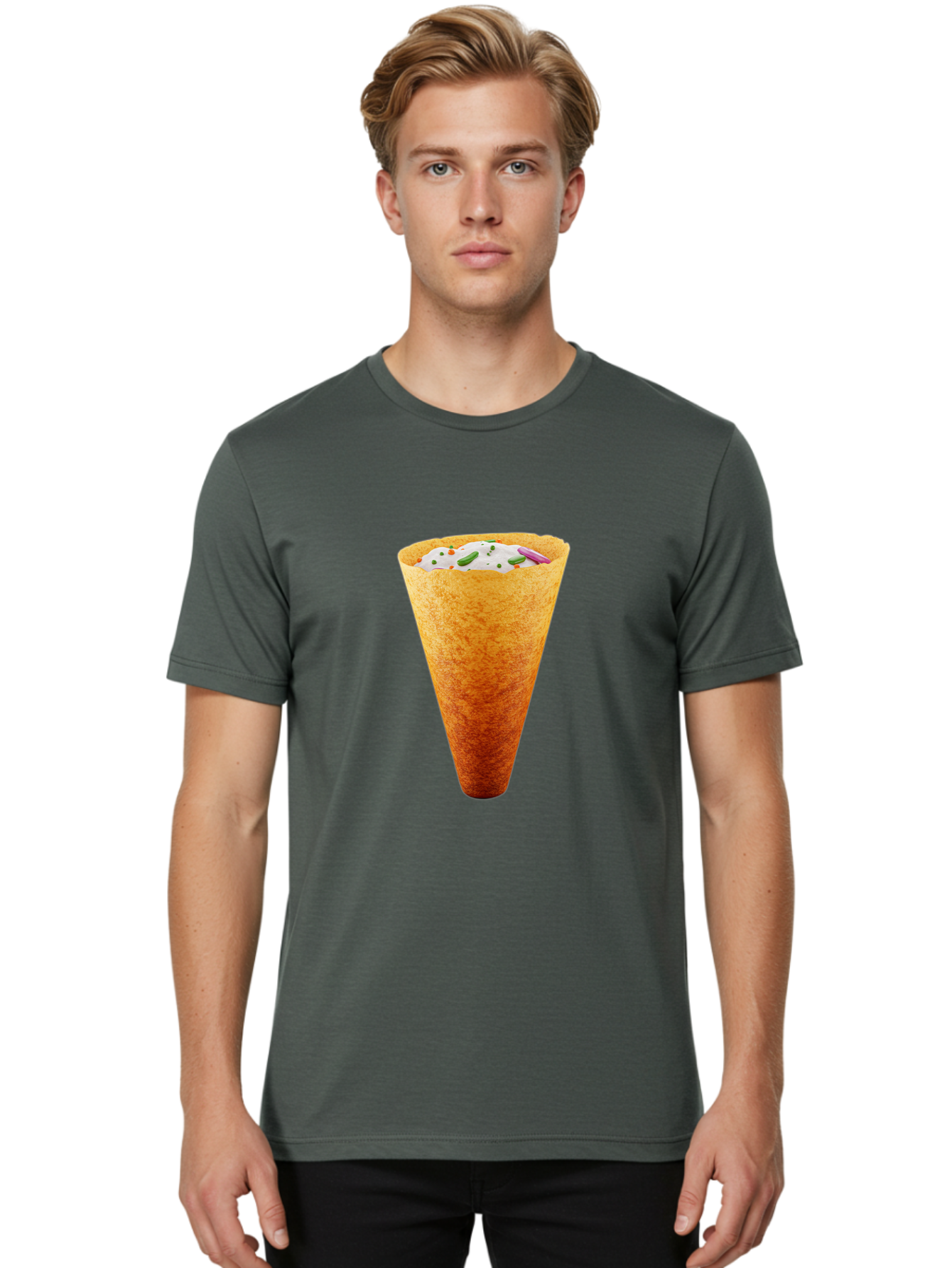 Dosa-Cone Men'S Graphic Tee, 100% Cotton, Comfortable Casual Summer Wear, Machine Washable, Masala Cone, Indian Street Food, Crispy Cone, Savory Snack, Flavorful Filling, Chutney, Spices, Appetizing Treat Baa540