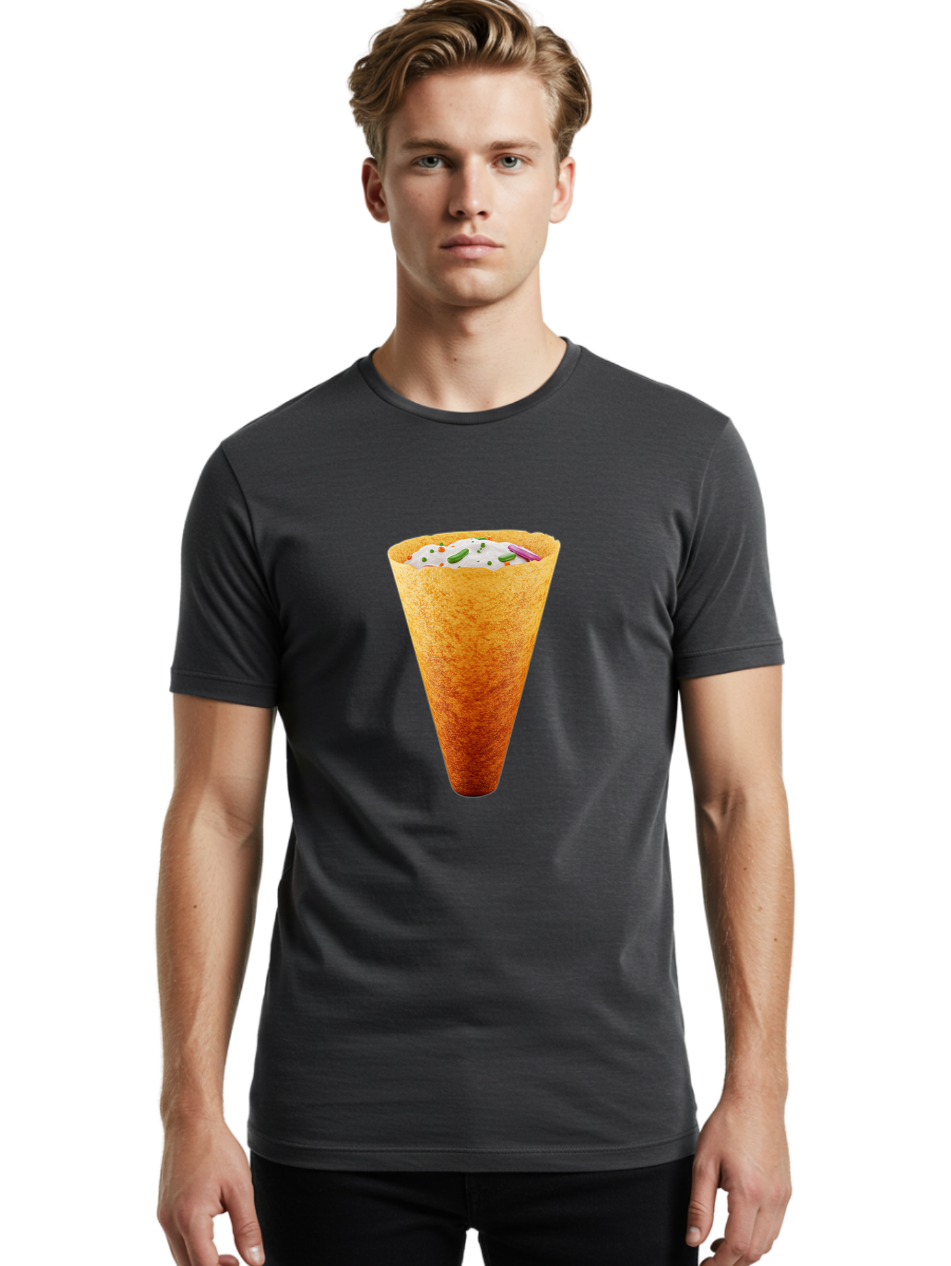 Dosa-Cone Men'S Graphic Tee, 100% Cotton, Comfortable Casual Summer Wear, Machine Washable, Masala Cone, Indian Street Food, Crispy Cone, Savory Snack, Flavorful Filling, Chutney, Spices, Appetizing Treat Baa540