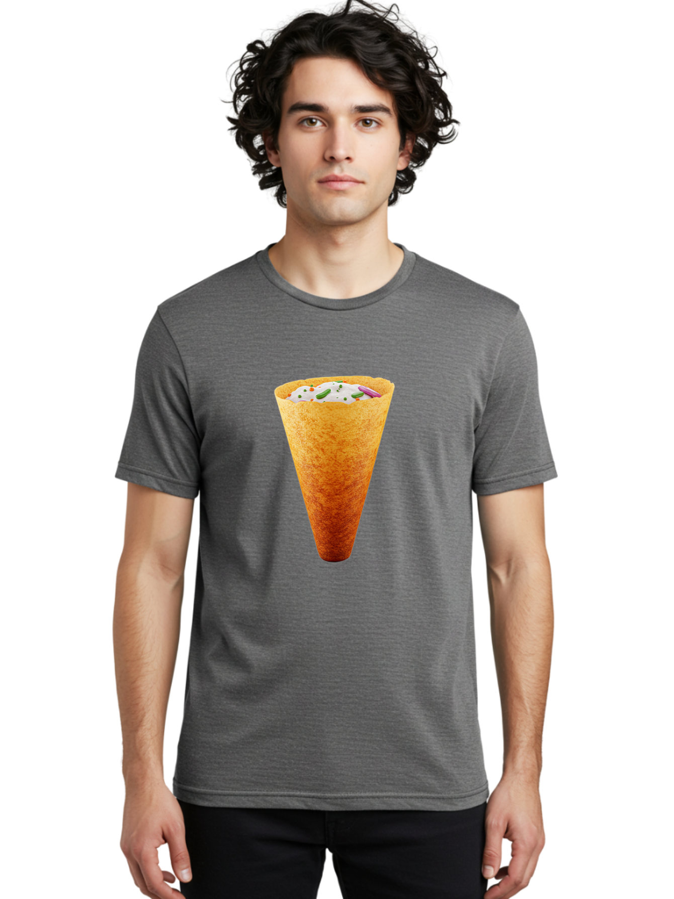 Dosa-Cone Men'S Graphic Tee, 100% Cotton, Comfortable Casual Summer Wear, Machine Washable, Masala Cone, Indian Street Food, Crispy Cone, Savory Snack, Flavorful Filling, Chutney, Spices, Appetizing Treat Baa540
