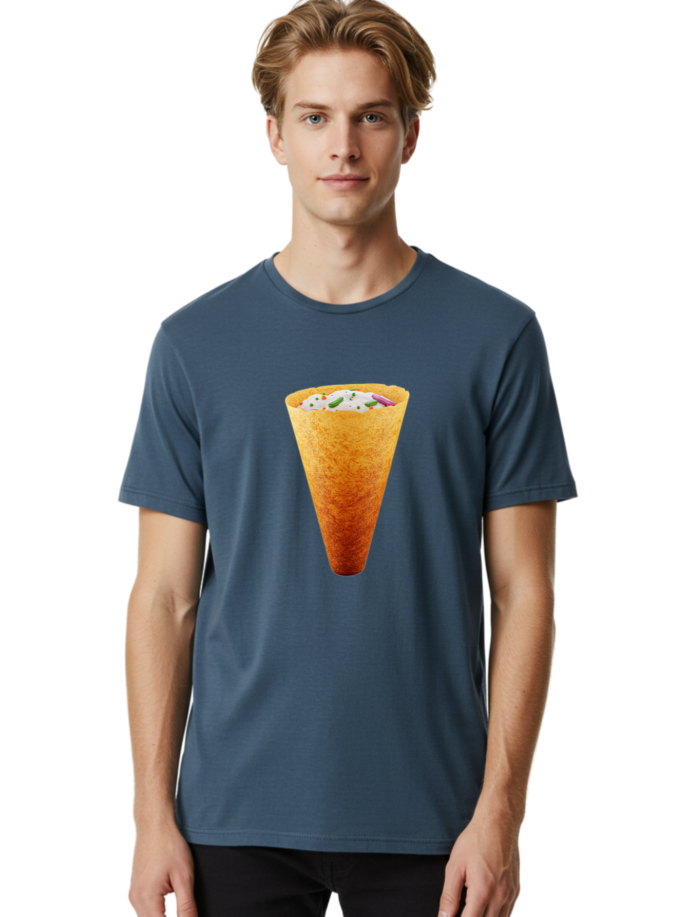 Dosa-Cone Men'S Graphic Tee, 100% Cotton, Comfortable Casual Summer Wear, Machine Washable, Masala Cone, Indian Street Food, Crispy Cone, Savory Snack, Flavorful Filling, Chutney, Spices, Appetizing Treat Baa540