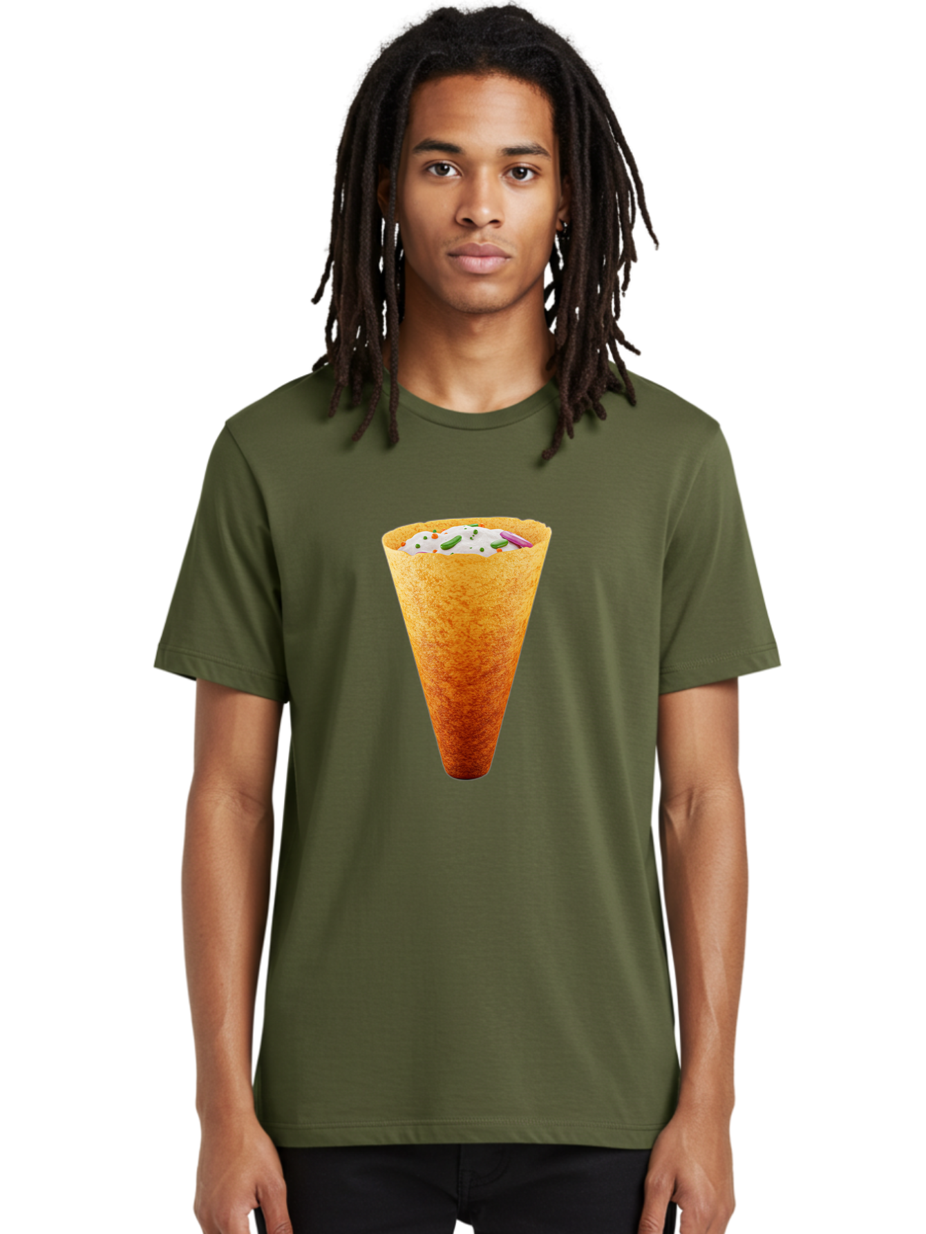 Dosa-Cone Men'S Graphic Tee, 100% Cotton, Comfortable Casual Summer Wear, Machine Washable, Masala Cone, Indian Street Food, Crispy Cone, Savory Snack, Flavorful Filling, Chutney, Spices, Appetizing Treat Baa540