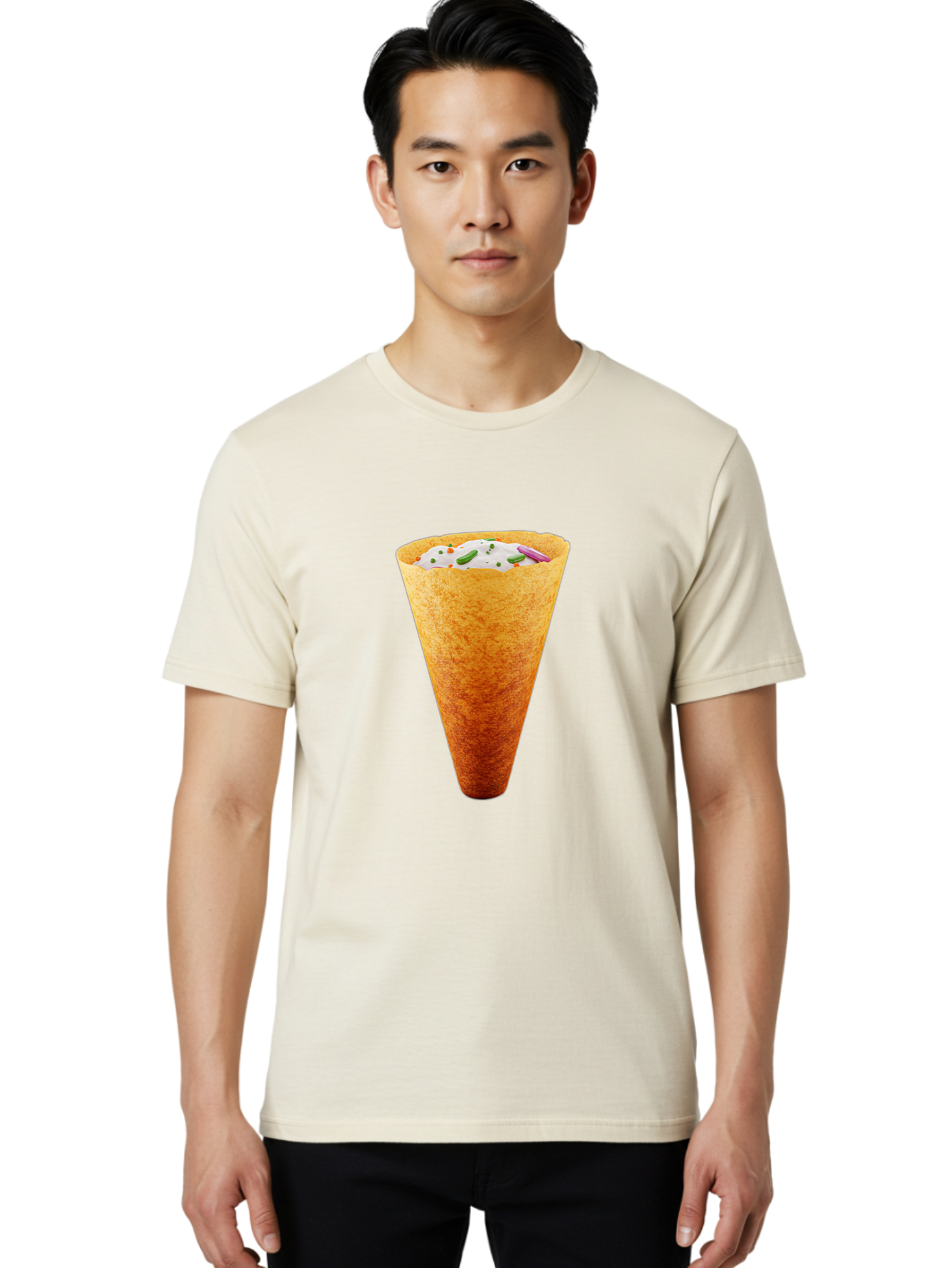 Dosa-Cone Men'S Graphic Tee, 100% Cotton, Comfortable Casual Summer Wear, Machine Washable, Masala Cone, Indian Street Food, Crispy Cone, Savory Snack, Flavorful Filling, Chutney, Spices, Appetizing Treat Baa540