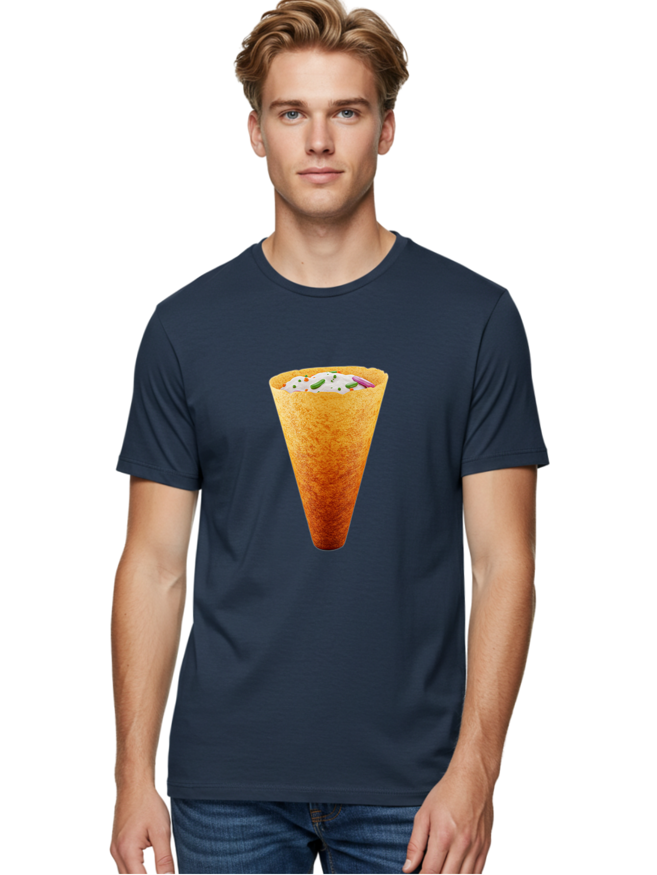 Dosa-Cone Men'S Graphic Tee, 100% Cotton, Comfortable Casual Summer Wear, Machine Washable, Masala Cone, Indian Street Food, Crispy Cone, Savory Snack, Flavorful Filling, Chutney, Spices, Appetizing Treat Baa540