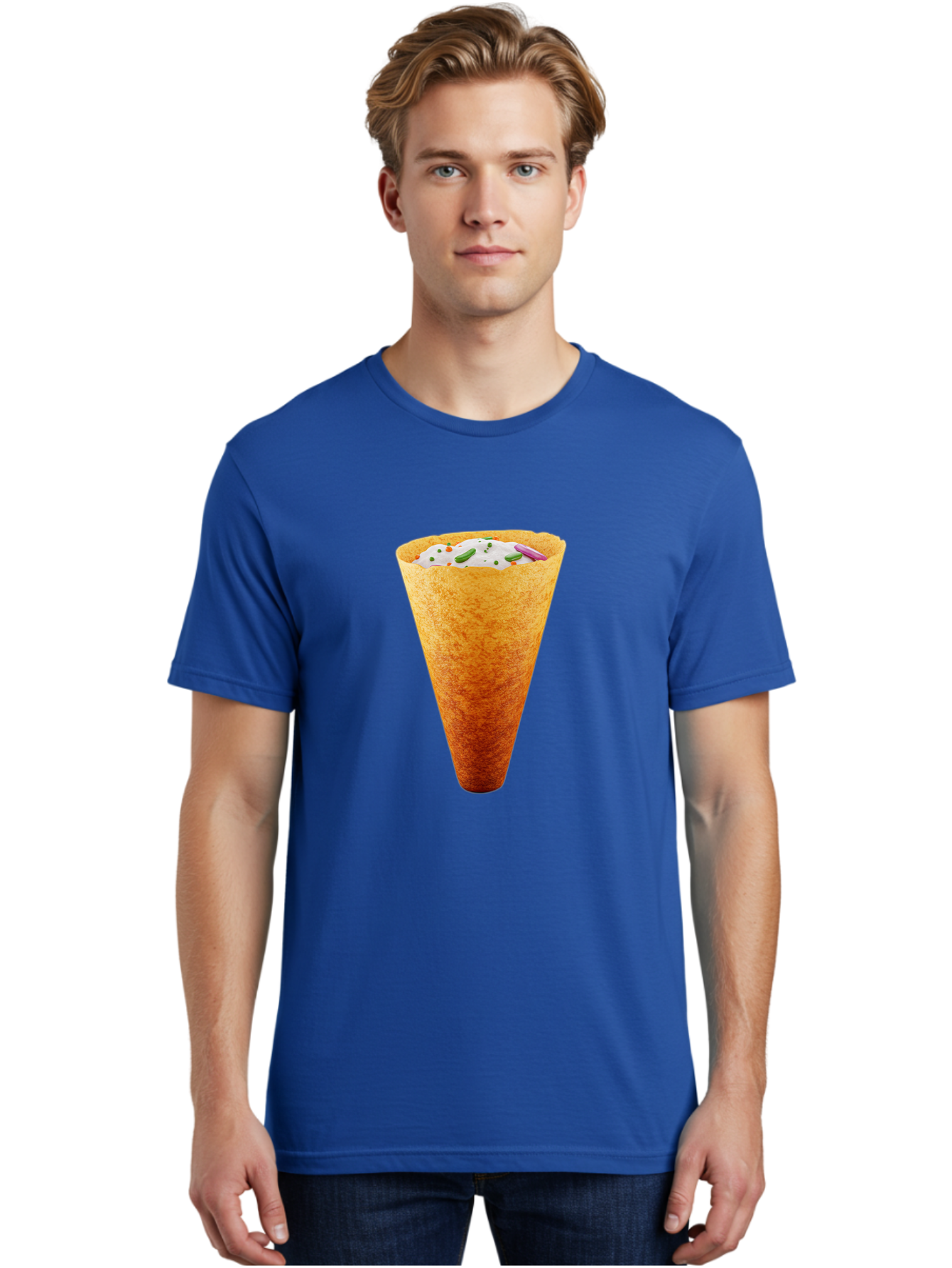 Dosa-Cone Men'S Graphic Tee, 100% Cotton, Comfortable Casual Summer Wear, Machine Washable, Masala Cone, Indian Street Food, Crispy Cone, Savory Snack, Flavorful Filling, Chutney, Spices, Appetizing Treat Baa540