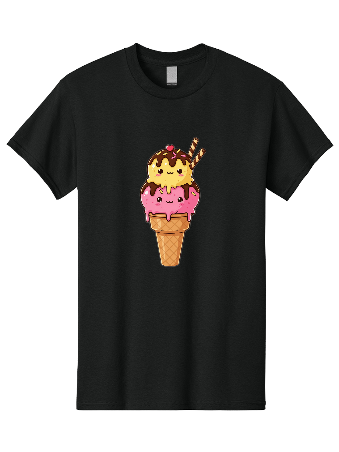 Double-Scoop-Ice-Cream-2 Men'S Graphic Tee, 100% Cotton, Comfortable Casual Summer Wear, Machine Washable, Kawaii Ice Cream, Cartoon Dessert, Melting Ice Cream, Waffle Cone, Chocolate Sauce, Pink And Yellow Ice Cream, Adorable Illustration, Baa547