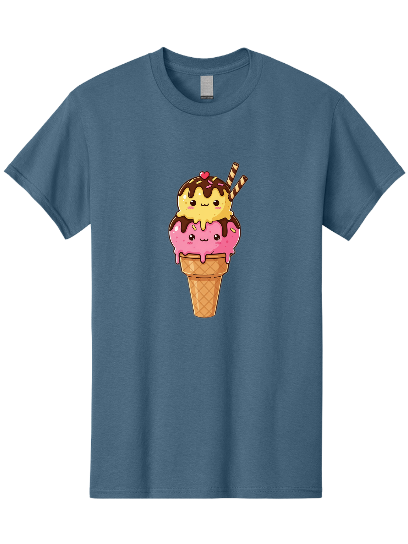Double-Scoop-Ice-Cream-2 Men'S Graphic Tee, 100% Cotton, Comfortable Casual Summer Wear, Machine Washable, Kawaii Ice Cream, Cartoon Dessert, Melting Ice Cream, Waffle Cone, Chocolate Sauce, Pink And Yellow Ice Cream, Adorable Illustration, Baa547