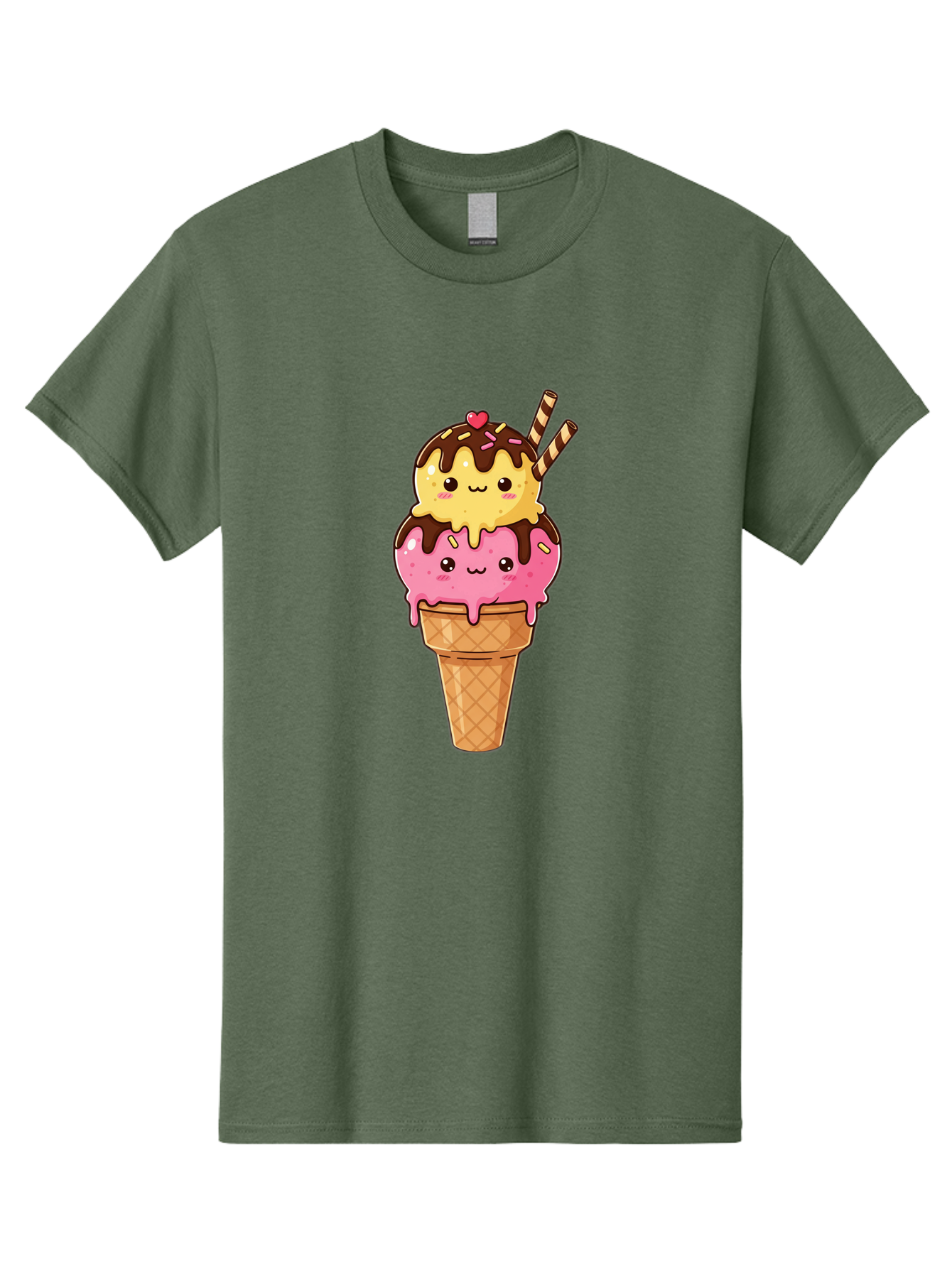 Double-Scoop-Ice-Cream-2 Men'S Graphic Tee, 100% Cotton, Comfortable Casual Summer Wear, Machine Washable, Kawaii Ice Cream, Cartoon Dessert, Melting Ice Cream, Waffle Cone, Chocolate Sauce, Pink And Yellow Ice Cream, Adorable Illustration, Baa547