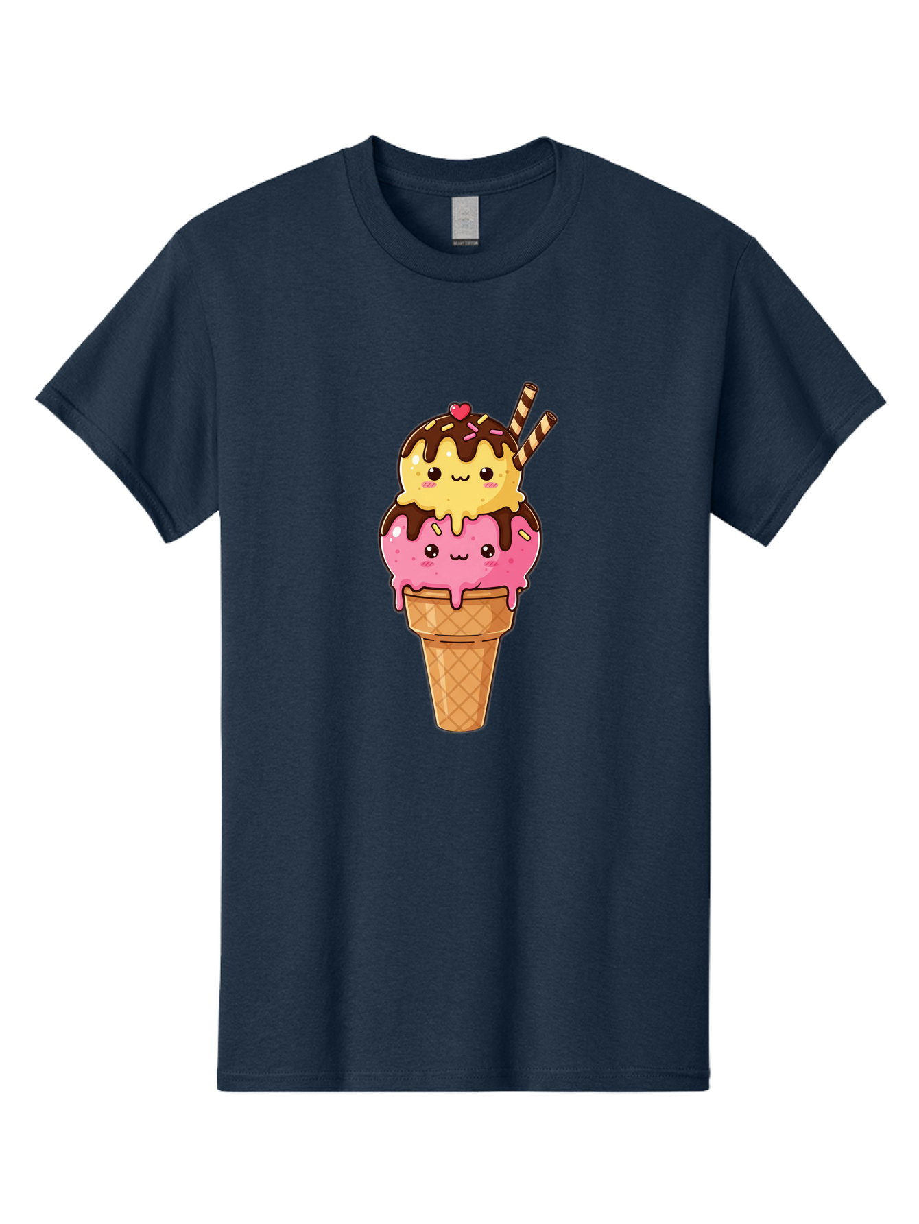 Double-Scoop-Ice-Cream-2 Men'S Graphic Tee, 100% Cotton, Comfortable Casual Summer Wear, Machine Washable, Kawaii Ice Cream, Cartoon Dessert, Melting Ice Cream, Waffle Cone, Chocolate Sauce, Pink And Yellow Ice Cream, Adorable Illustration, Baa547