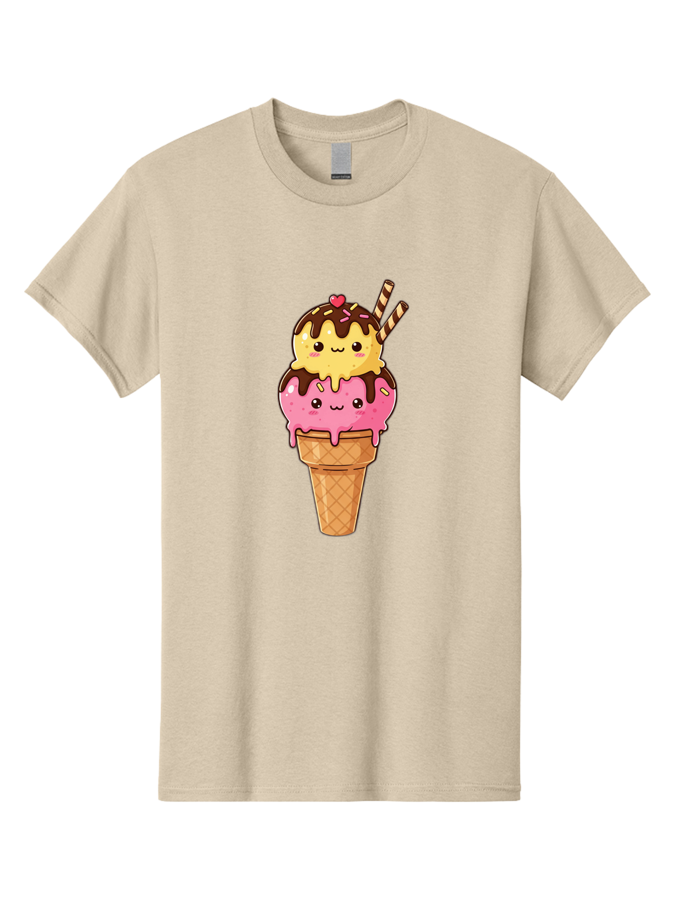 Double-Scoop-Ice-Cream-2 Men'S Graphic Tee, 100% Cotton, Comfortable Casual Summer Wear, Machine Washable, Kawaii Ice Cream, Cartoon Dessert, Melting Ice Cream, Waffle Cone, Chocolate Sauce, Pink And Yellow Ice Cream, Adorable Illustration, Baa547