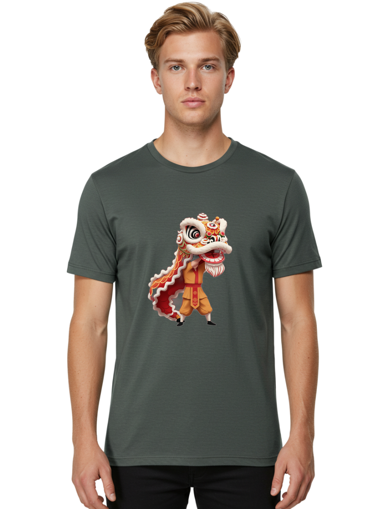 Dragon-Dance-1 Men'S Graphic Tee, 100% Cotton, Comfortable Casual Summer Wear, Machine Washable, Lion Dance Performance, Traditional Chinese Culture, Festive Atmosphere, Vibrant Colors, Energetic Dancer, Cultural Heritage, Baa550