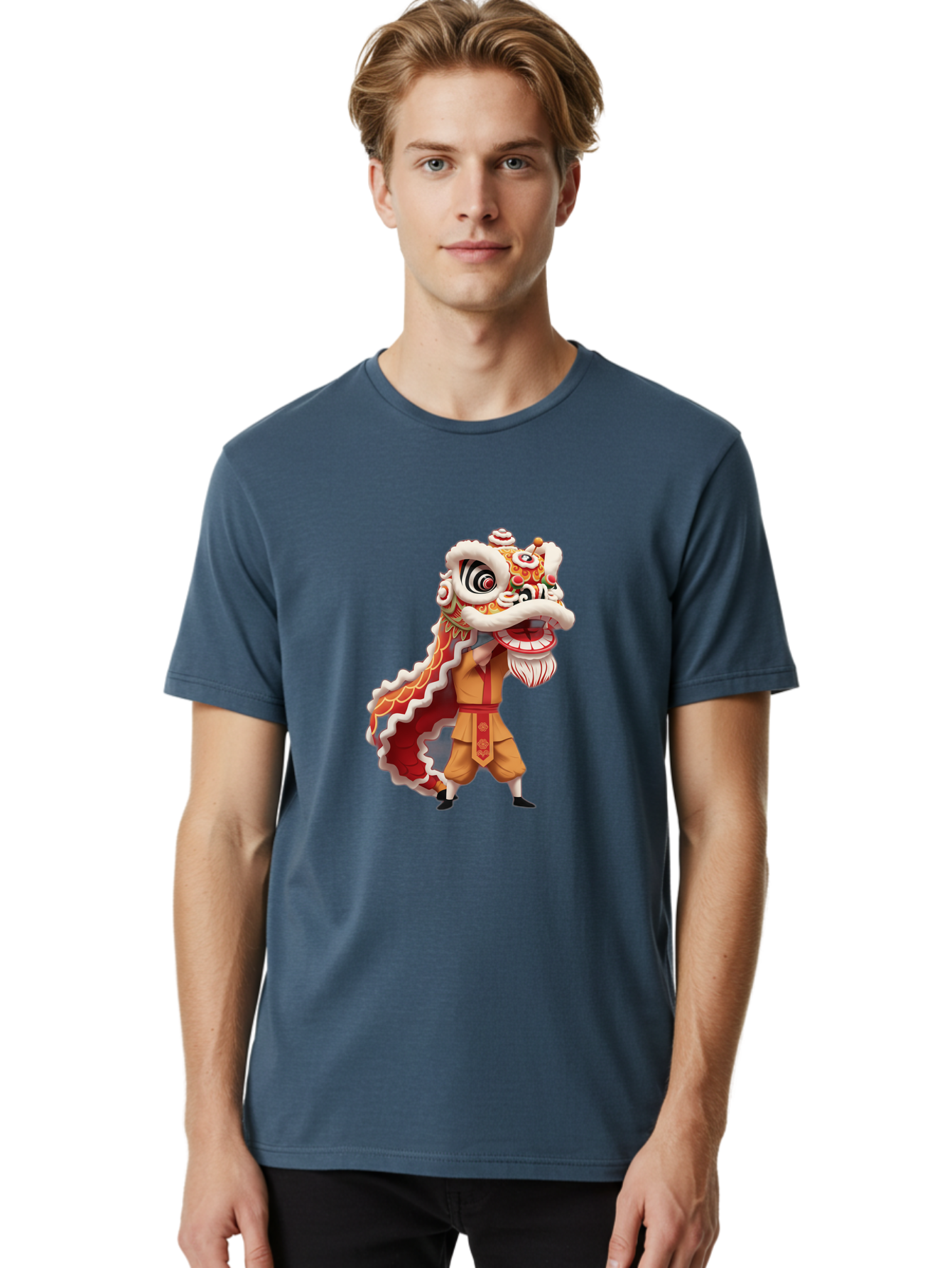 Dragon-Dance-1 Men'S Graphic Tee, 100% Cotton, Comfortable Casual Summer Wear, Machine Washable, Lion Dance Performance, Traditional Chinese Culture, Festive Atmosphere, Vibrant Colors, Energetic Dancer, Cultural Heritage, Baa550