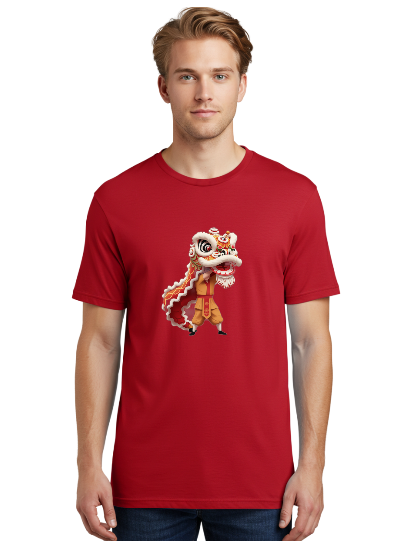 Dragon-Dance-1 Men'S Graphic Tee, 100% Cotton, Comfortable Casual Summer Wear, Machine Washable, Lion Dance Performance, Traditional Chinese Culture, Festive Atmosphere, Vibrant Colors, Energetic Dancer, Cultural Heritage, Baa550