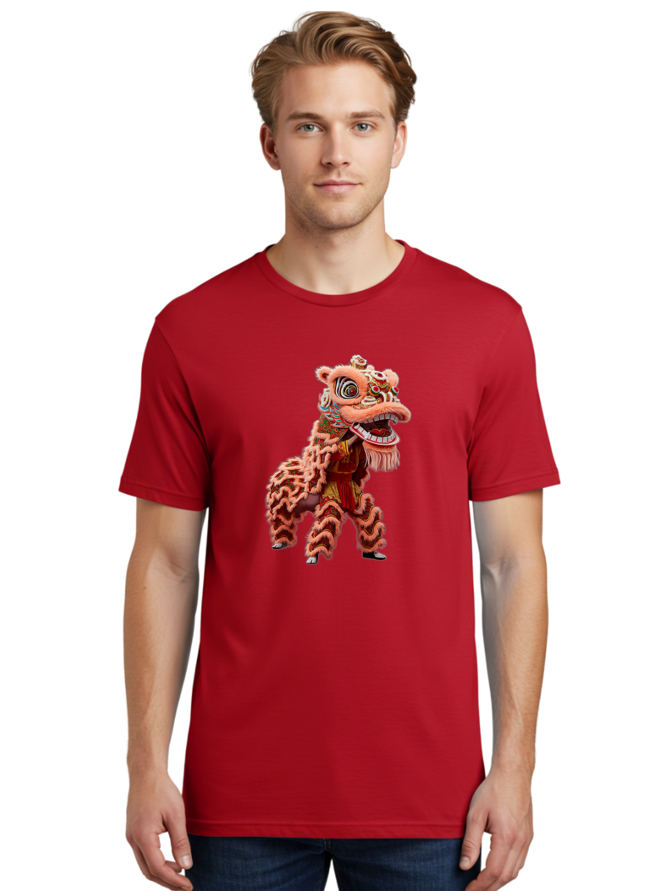 Dragon-Dance-2 Men'S Graphic Tee, 100% Cotton, Comfortable Casual Summer Wear, Machine Washable, Traditional Lion Dance, Cultural Heritage, Chinese New Year, Festive Decorations, Vibrant Colors, Mythical Creature, Dynamic Pose, Baa551