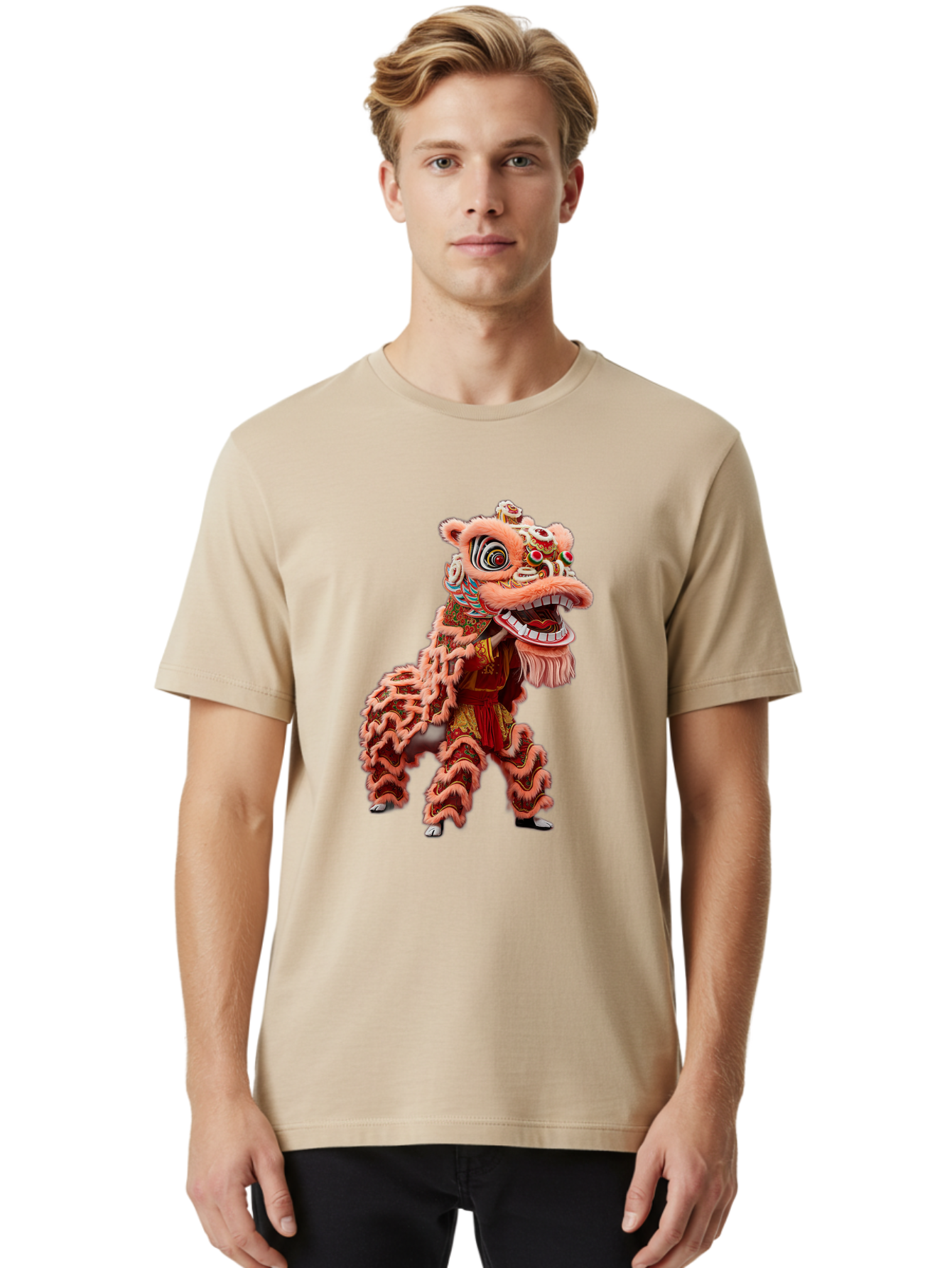 Dragon-Dance-2 Men'S Graphic Tee, 100% Cotton, Comfortable Casual Summer Wear, Machine Washable, Traditional Lion Dance, Cultural Heritage, Chinese New Year, Festive Decorations, Vibrant Colors, Mythical Creature, Dynamic Pose, Baa551