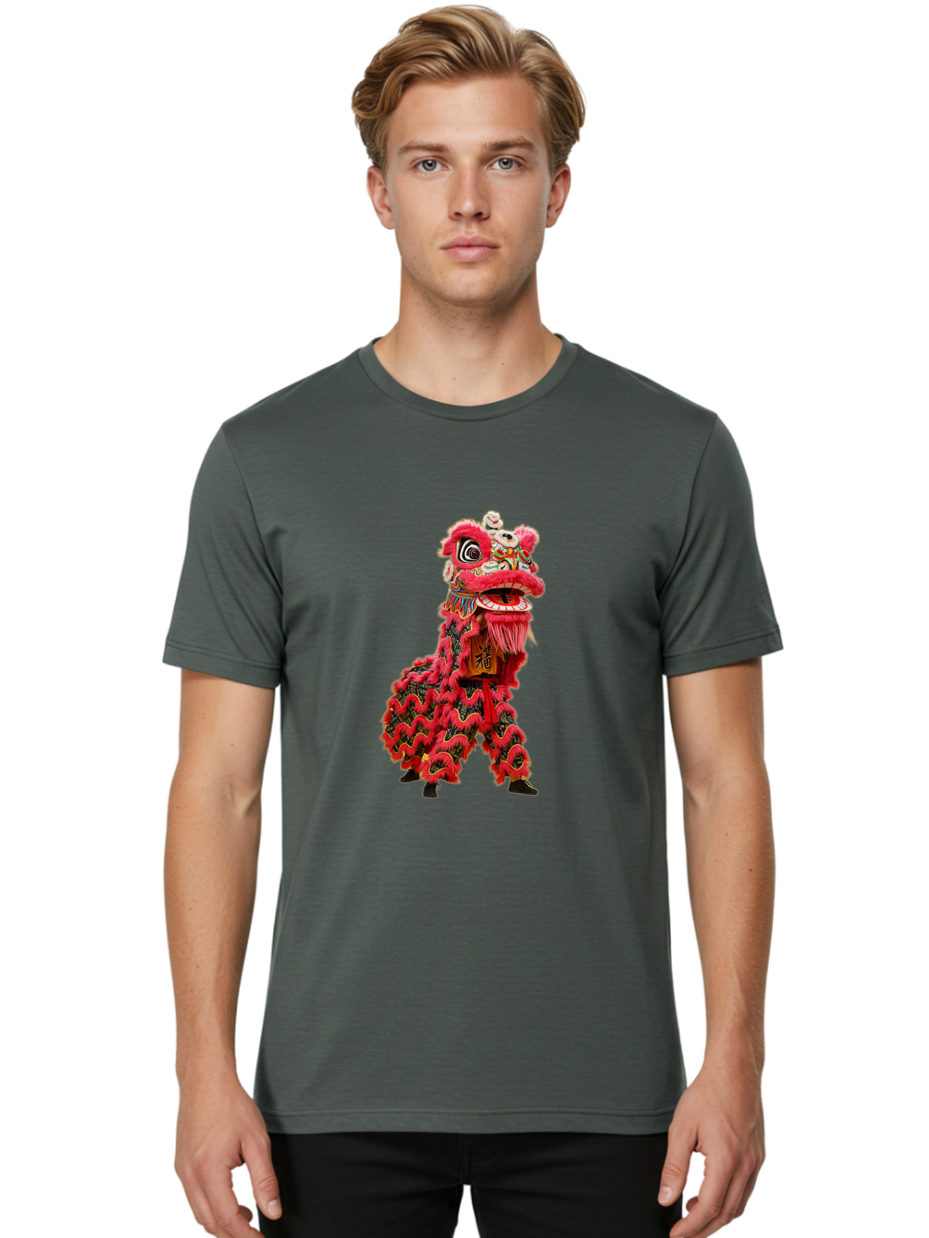 Dragon-Dance-Costume-4 Men'S Graphic Tee, 100% Cotton, Comfortable Casual Summer Wear, Machine Washable, Chinese Lion Dance, Traditional Costume, Vibrant Red Colors, Intricate Designs, Cultural Heritage, Festive Atmosphere, Lion Head, Baa555