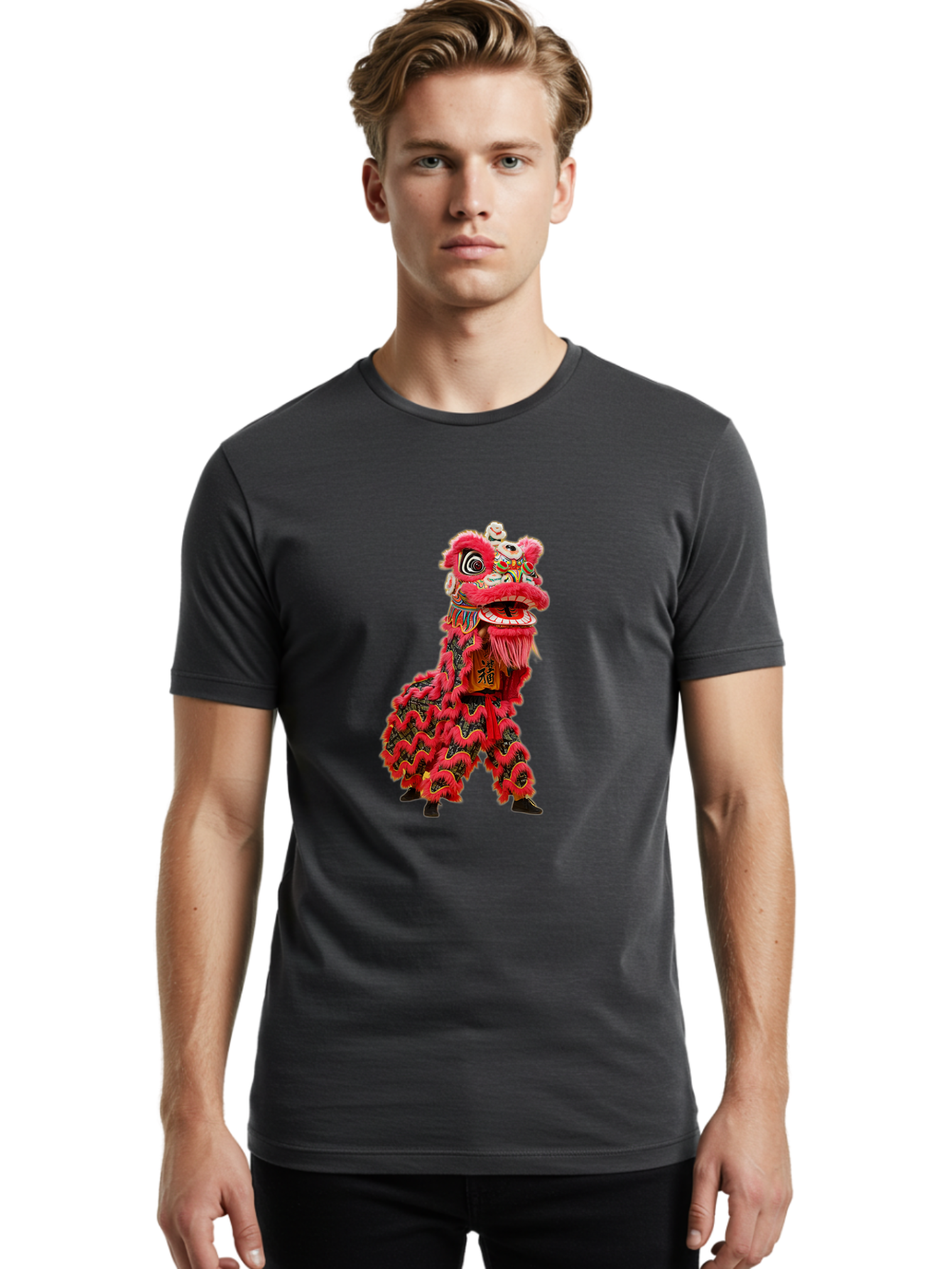 Dragon-Dance-Costume-4 Men'S Graphic Tee, 100% Cotton, Comfortable Casual Summer Wear, Machine Washable, Chinese Lion Dance, Traditional Costume, Vibrant Red Colors, Intricate Designs, Cultural Heritage, Festive Atmosphere, Lion Head, Baa555