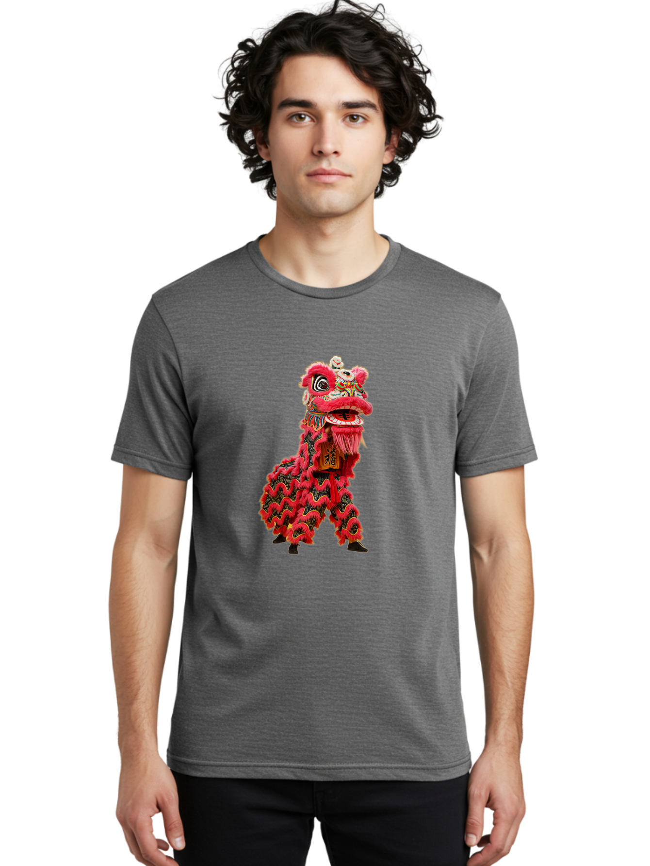 Dragon-Dance-Costume-4 Men'S Graphic Tee, 100% Cotton, Comfortable Casual Summer Wear, Machine Washable, Chinese Lion Dance, Traditional Costume, Vibrant Red Colors, Intricate Designs, Cultural Heritage, Festive Atmosphere, Lion Head, Baa555