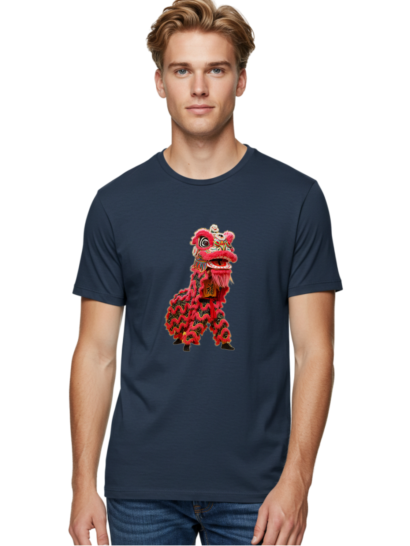 Dragon-Dance-Costume-4 Men'S Graphic Tee, 100% Cotton, Comfortable Casual Summer Wear, Machine Washable, Chinese Lion Dance, Traditional Costume, Vibrant Red Colors, Intricate Designs, Cultural Heritage, Festive Atmosphere, Lion Head, Baa555
