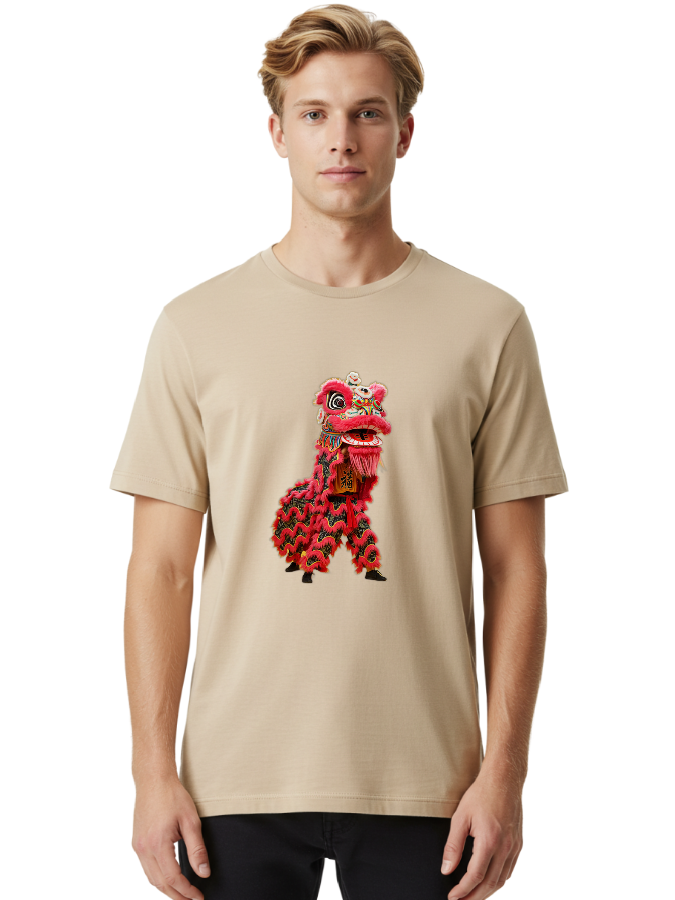 Dragon-Dance-Costume-4 Men'S Graphic Tee, 100% Cotton, Comfortable Casual Summer Wear, Machine Washable, Chinese Lion Dance, Traditional Costume, Vibrant Red Colors, Intricate Designs, Cultural Heritage, Festive Atmosphere, Lion Head, Baa555