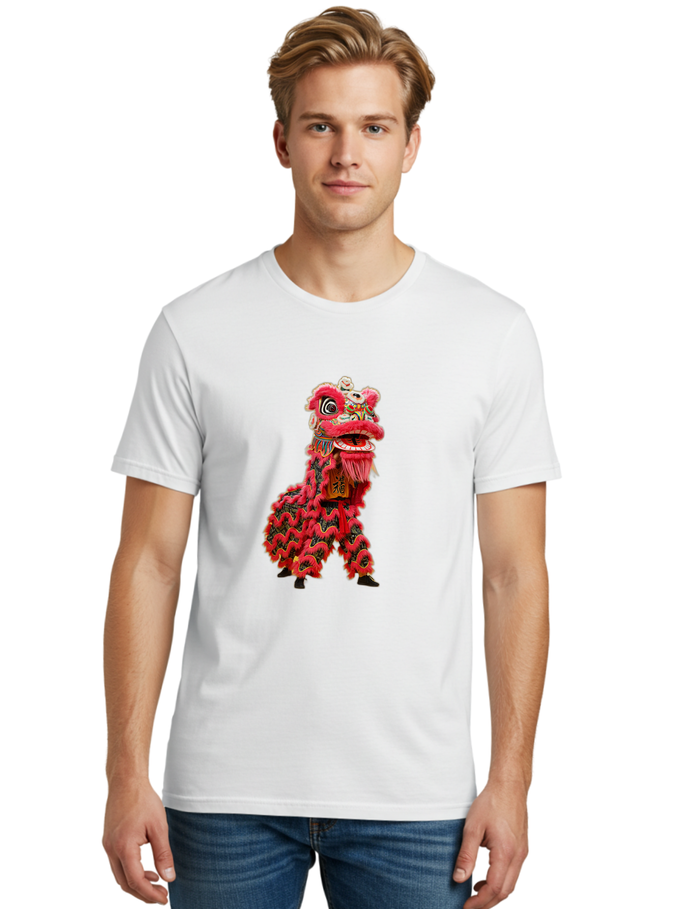 Dragon-Dance-Costume-4 Men'S Graphic Tee, 100% Cotton, Comfortable Casual Summer Wear, Machine Washable, Chinese Lion Dance, Traditional Costume, Vibrant Red Colors, Intricate Designs, Cultural Heritage, Festive Atmosphere, Lion Head, Baa555