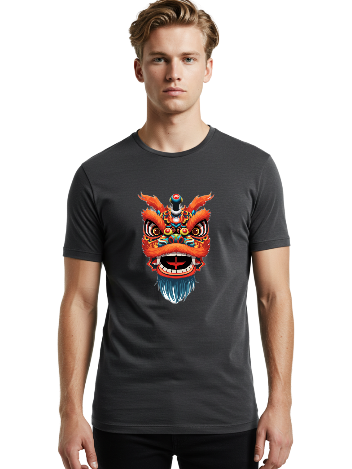 Dragon-Dance-Mask Men'S Graphic Tee, 100% Cotton, Comfortable Casual Summer Wear, Machine Washable, Lion Dance, Traditional Performance, Vibrant Colors, Cultural Heritage, Festive Atmosphere, Red And Orange Hues, Ornate Details, Baa557