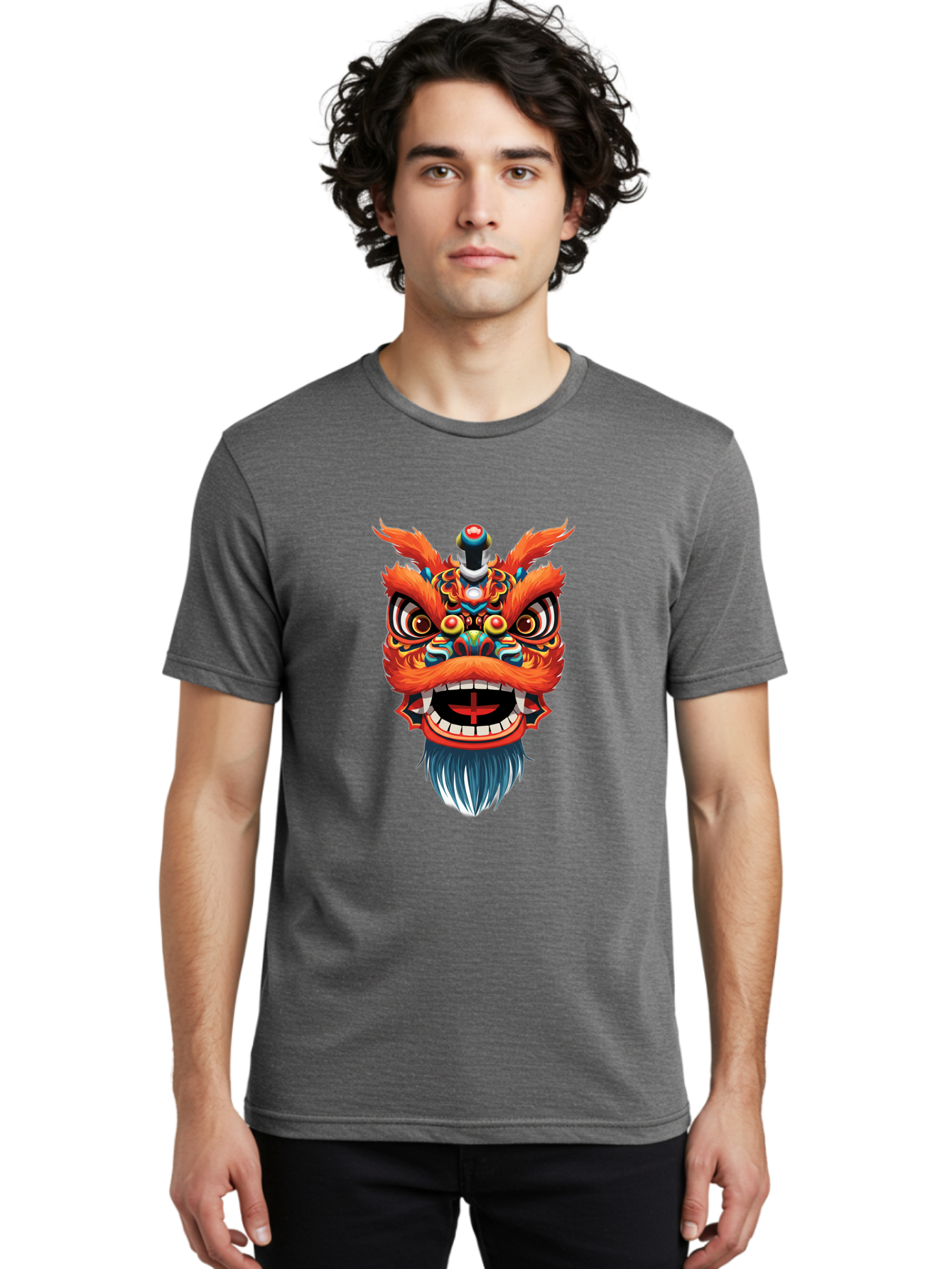 Dragon-Dance-Mask Men'S Graphic Tee, 100% Cotton, Comfortable Casual Summer Wear, Machine Washable, Lion Dance, Traditional Performance, Vibrant Colors, Cultural Heritage, Festive Atmosphere, Red And Orange Hues, Ornate Details, Baa557
